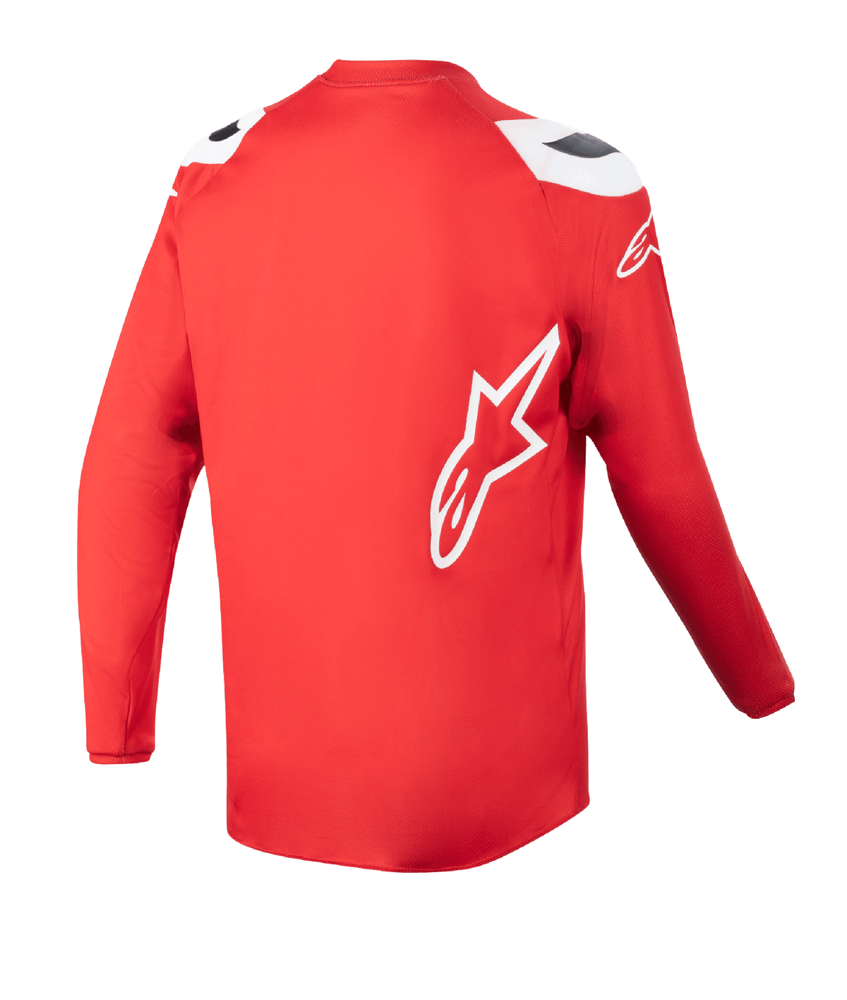 Camisola Alpinestars Youth 2023 Racer Narin, camisola de motocross, vermelho Mars e branco, vista traseira mostrando a bainha traseira alongada, logótipo da estrela Alpinestars branco na lateral, vestuário de performance para todo-o-terreno