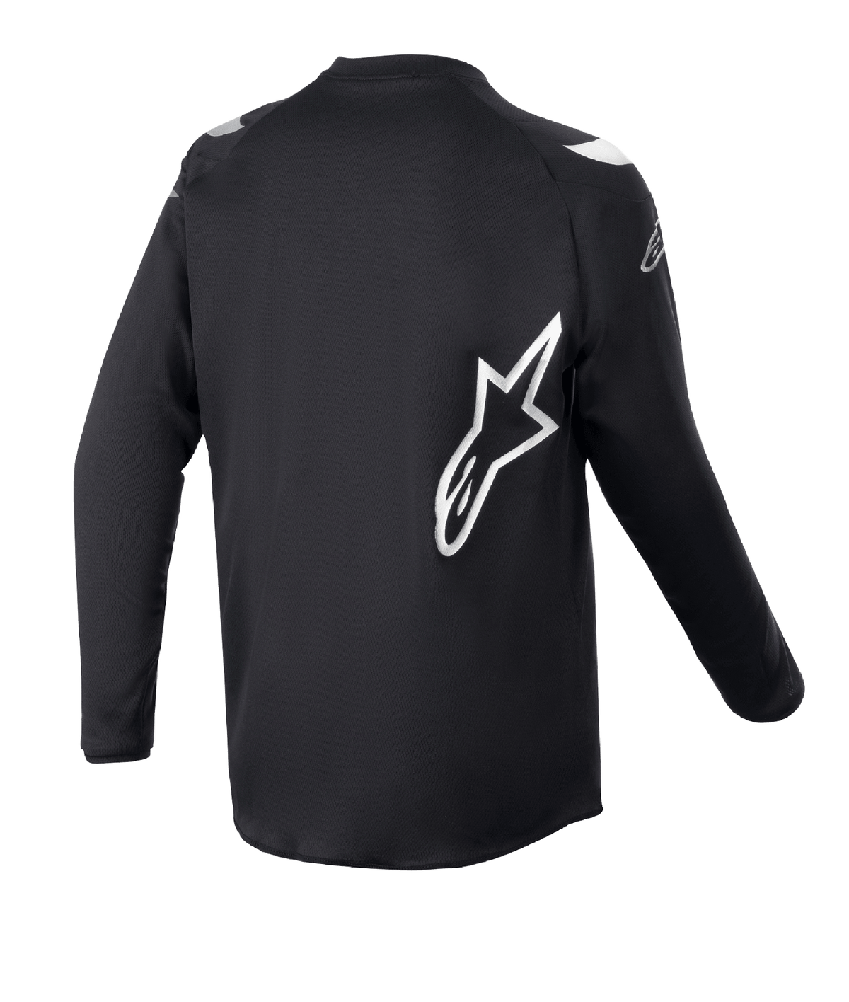 Alpinestars Youth 2023 Racer Graphite Jersey, camisola de motocross, preto refletor, vista traseira com logótipo de estrela Alpinestars grande em branco, tecido técnico que absorve a humidade, mangas compridas, vestuário durável para todo-o-terreno