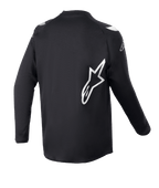 Alpinestars Youth 2023 Racer Graphite Jersey, camisola de motocross, preto refletor, vista traseira com logótipo de estrela Alpinestars grande em branco, tecido técnico que absorve a humidade, mangas compridas, vestuário durável para todo-o-terreno
