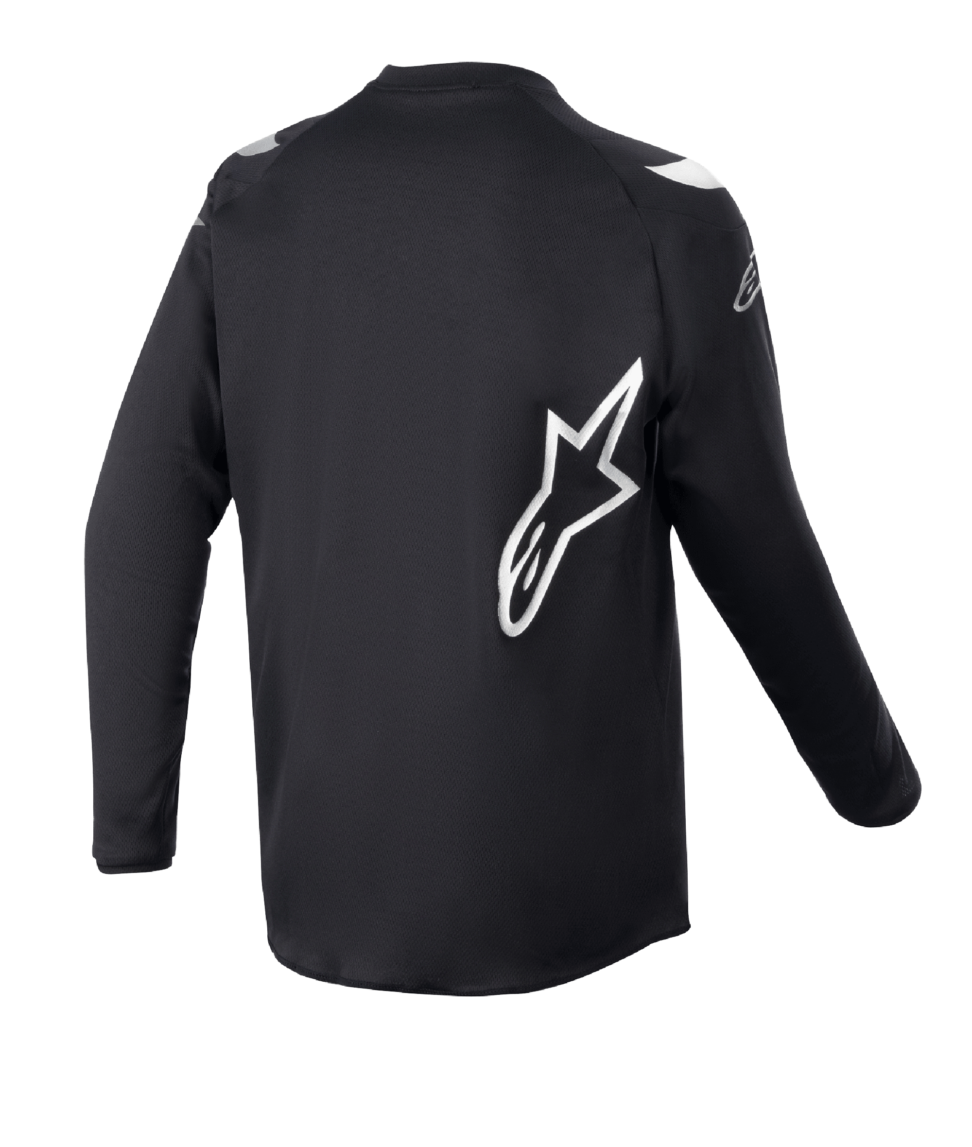Alpinestars Youth 2023 Racer Graphite Jersey, camisola de motocross, preto refletor, vista traseira com logótipo de estrela Alpinestars grande em branco, tecido técnico que absorve a humidade, mangas compridas, vestuário durável para todo-o-terreno