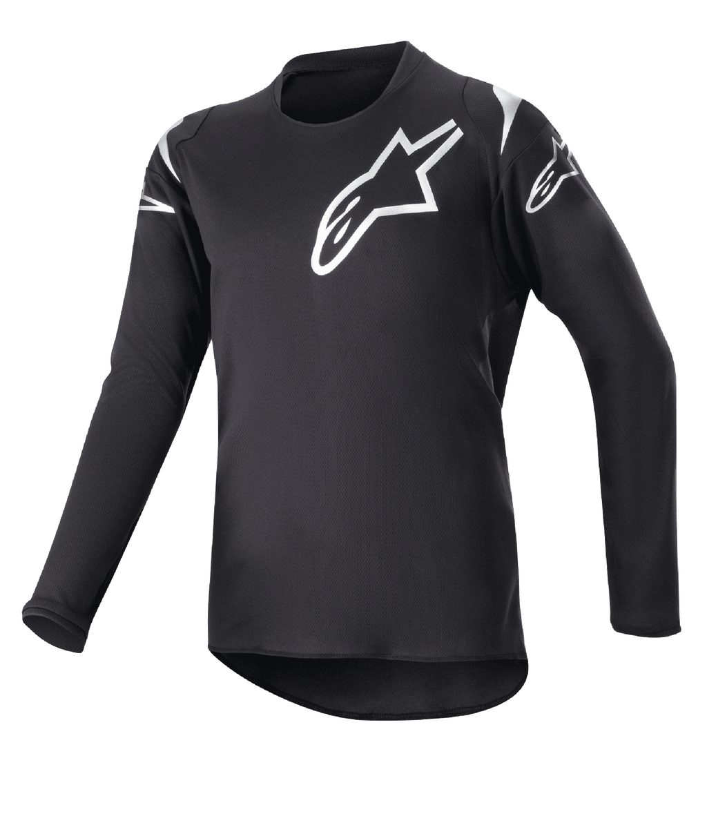 Alpinestars Youth 2023 Racer Graphite Jersey, camisola de motocross, preta e preto refletor, logótipos de estrela brancos no peito e ombros, mangas compridas, tecido leve que absorve a humidade com corte mais comprido atrás, design desportivo para condução todo-o-terreno