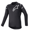 Alpinestars Youth 2023 Racer Graphite Jersey, camisola de motocross, preta e preto refletor, logótipos de estrela brancos no peito e ombros, mangas compridas, tecido leve que absorve a humidade com corte mais comprido atrás, design desportivo para condução todo-o-terreno