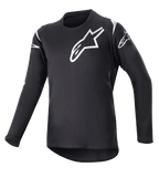 Alpinestars Youth 2023 Racer Graphite Jersey, camisola de motocross, preta e preto refletor, logótipos de estrela brancos no peito e ombros, mangas compridas, tecido leve que absorve a humidade com corte mais comprido atrás, design desportivo para condução todo-o-terreno