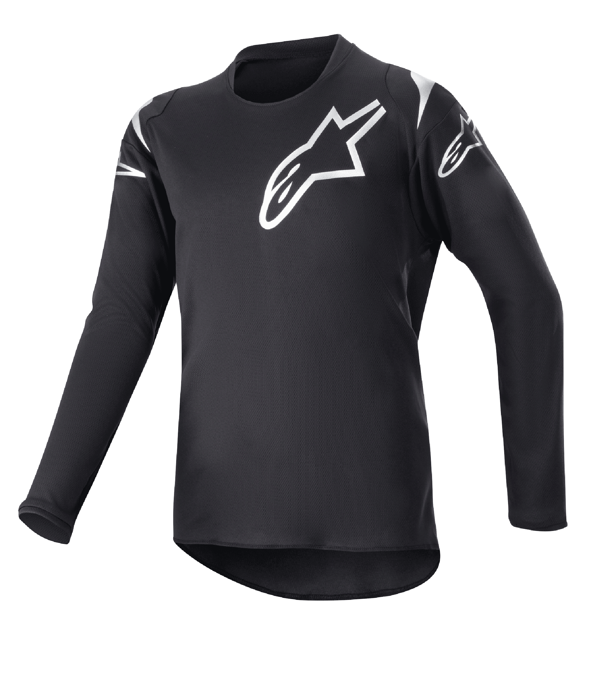 Alpinestars Youth 2023 Racer Graphite Jersey, camisola de motocross, preta e preto refletor, logótipos de estrela brancos no peito e ombros, mangas compridas, tecido leve que absorve a humidade com corte mais comprido atrás, design desportivo para condução todo-o-terreno