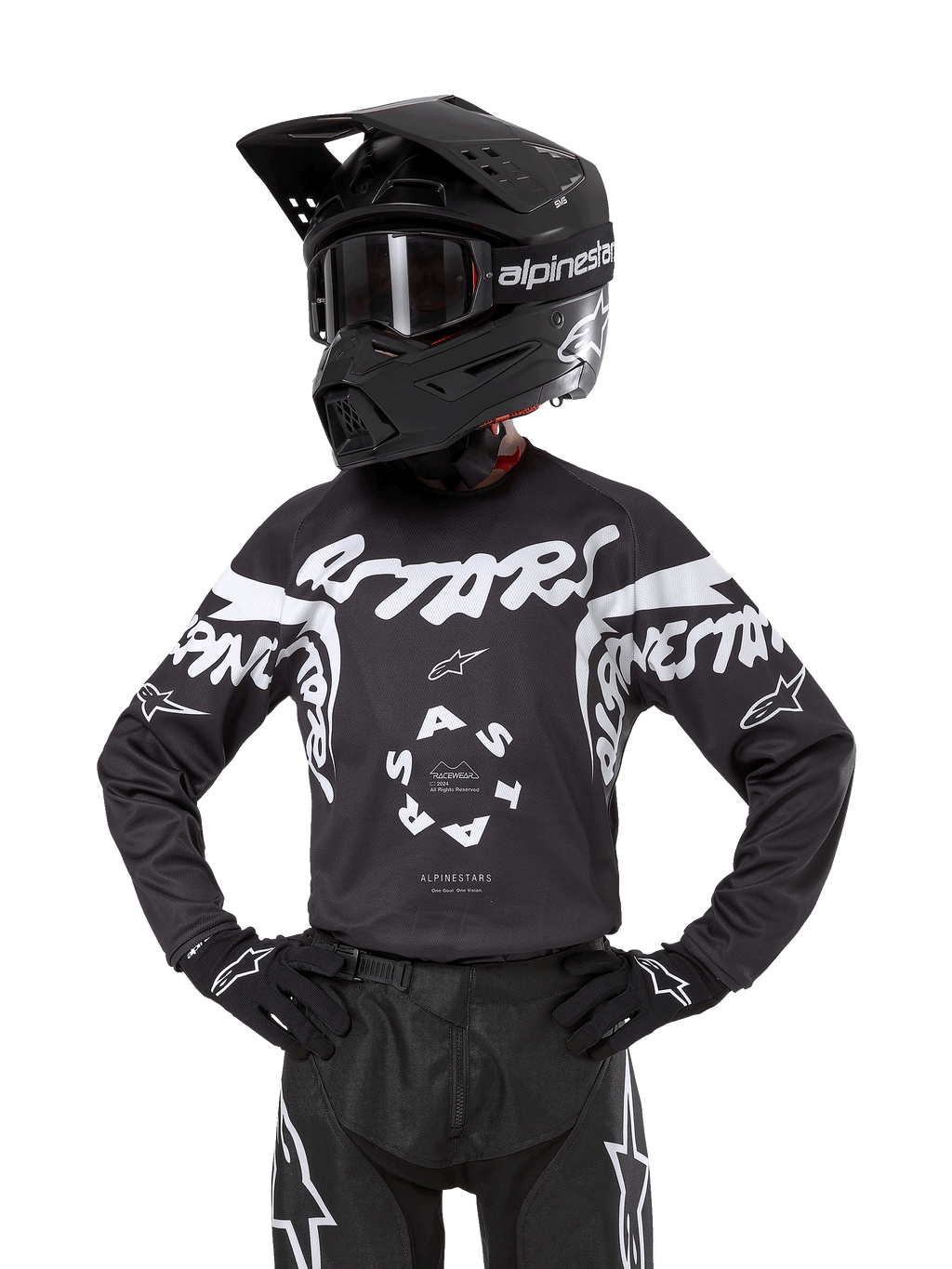Alpinestars 2024 Youth Racer Hana Jersey, camisola de motocross para jovens, preta e branca com gráficos 'Astars' e 'Alpinestars' destacados, gola elástica, punhos ajustados, design desportivo e resistente para todo-o-terreno