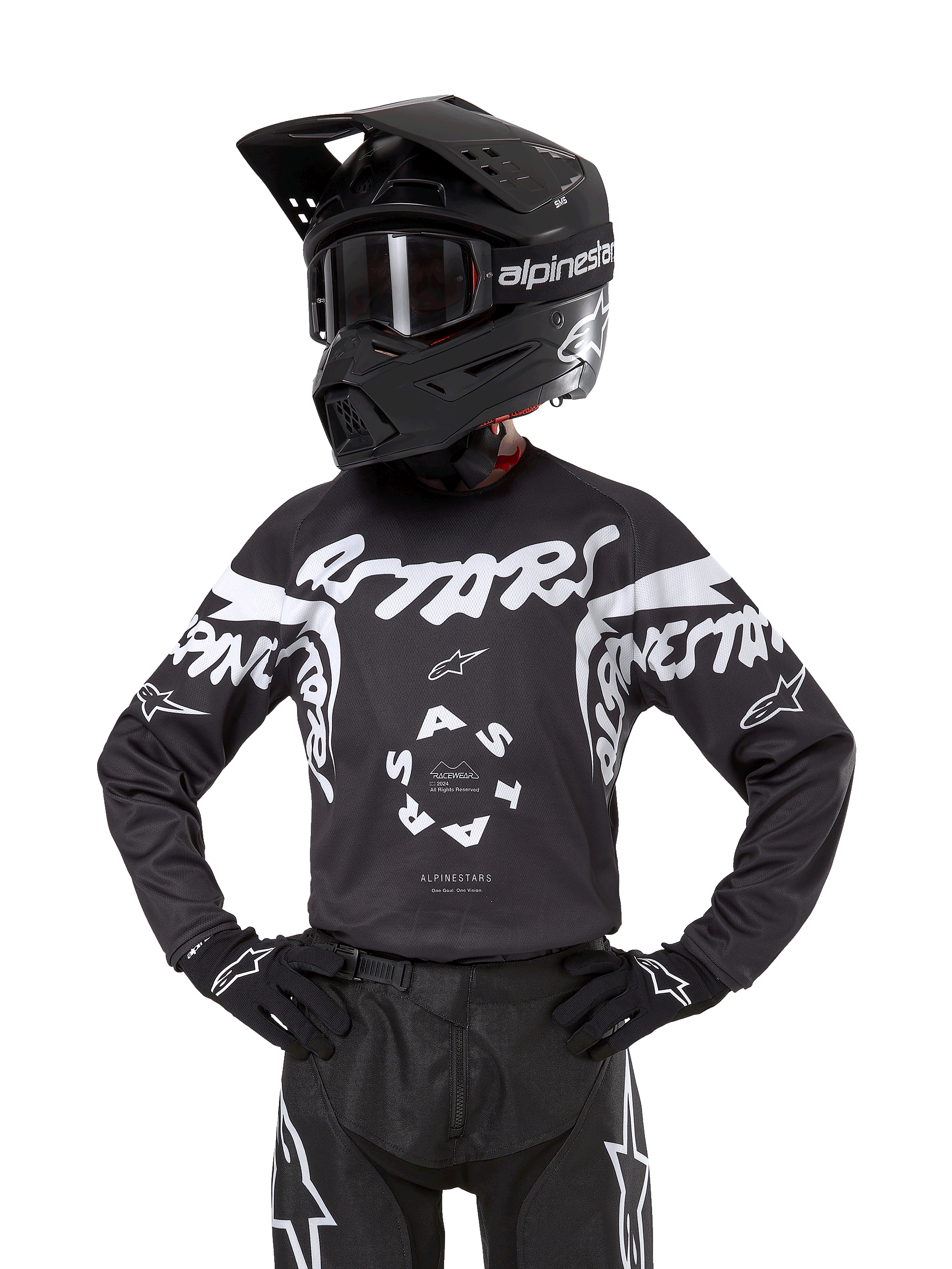 Alpinestars 2024 Youth Racer Hana Jersey, camisola de motocross para jovens, preta e branca com gráficos 'Astars' e 'Alpinestars' destacados, gola elástica, punhos ajustados, design desportivo e resistente para todo-o-terreno