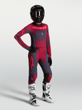 Alpinestars Stella Techstar Swan, camisola e conjunto de motocross para mulher, vermelho e cinzento escuro, botas brancas.