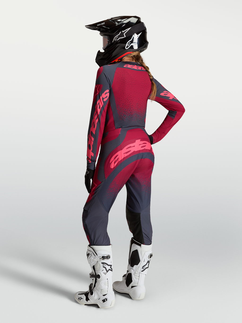 Alpinestars Camisola Stella Techstar Swan e Stella Techstar Swan Gear Set, equipamento de motocross para mulher, vermelho e cinzento escuro, vista traseira