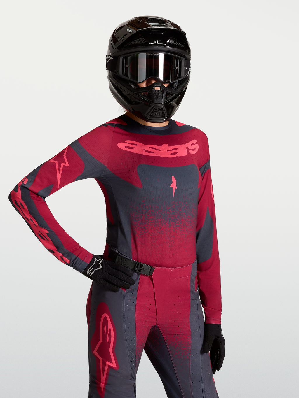 Alpinestars Camisola Stella Techstar Swan, camisola de motocross para mulher, vermelha e cinzenta escura, ventilação a laser.