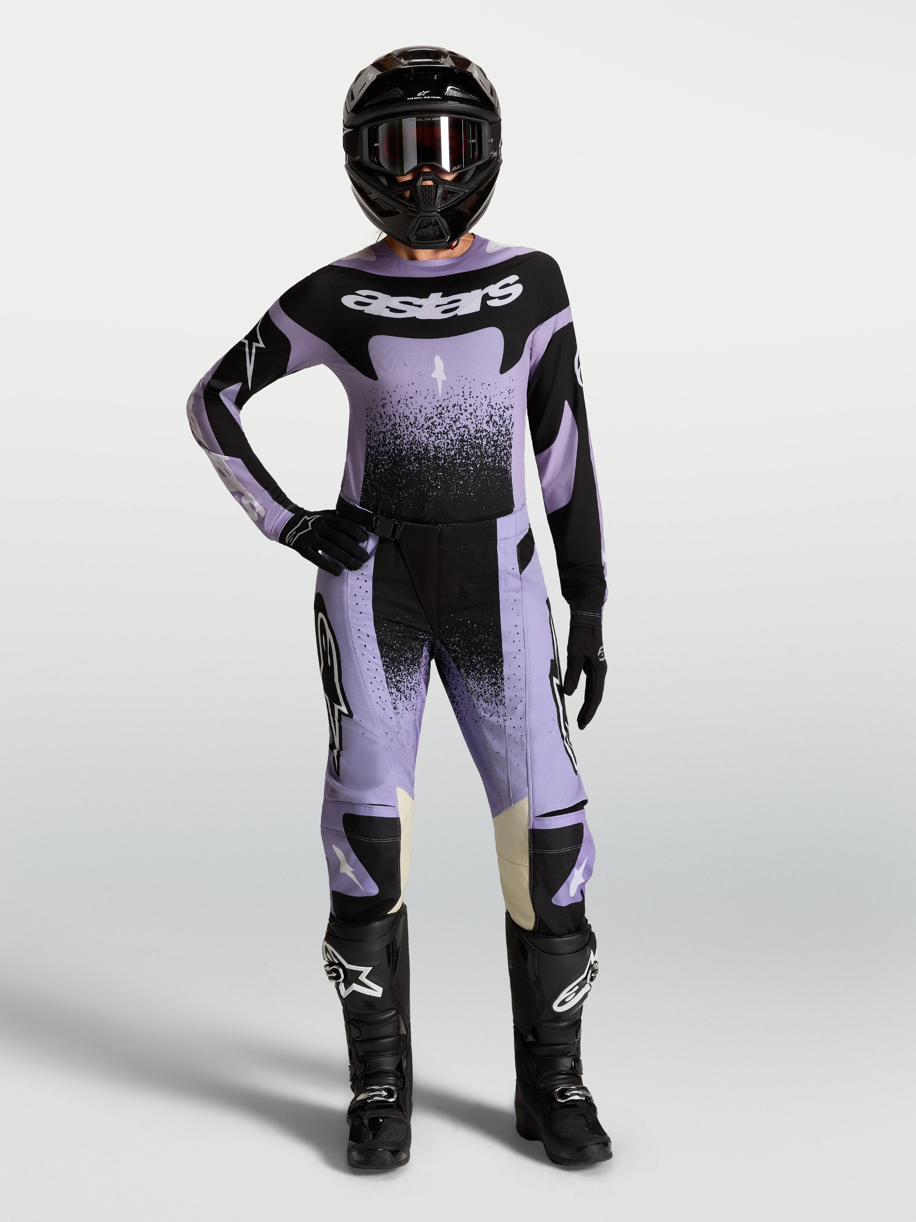 Alpinestars Stella Techstar Swan, calças de motocross para mulher, roxo claro e preto, para performance em todo-o-terreno.