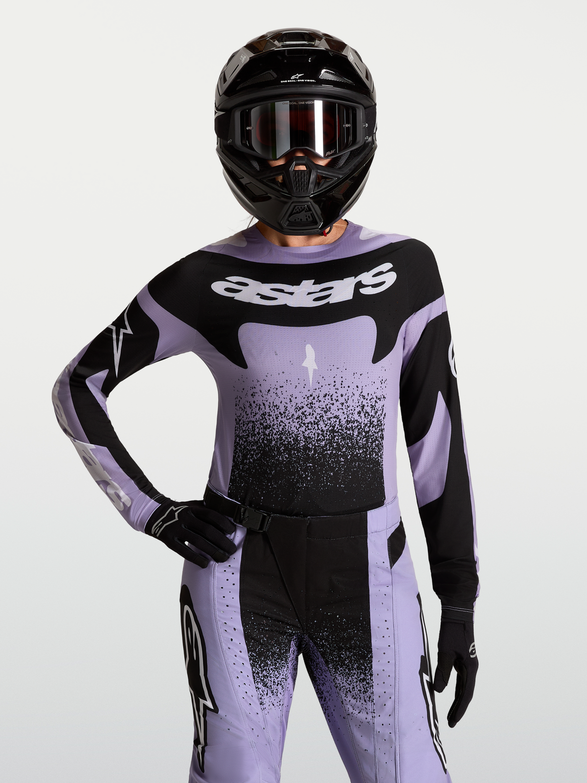 Camisola Alpinestars Stella Techstar Swan, para motocross feminino, lilás e preta, ajuste de corrida.