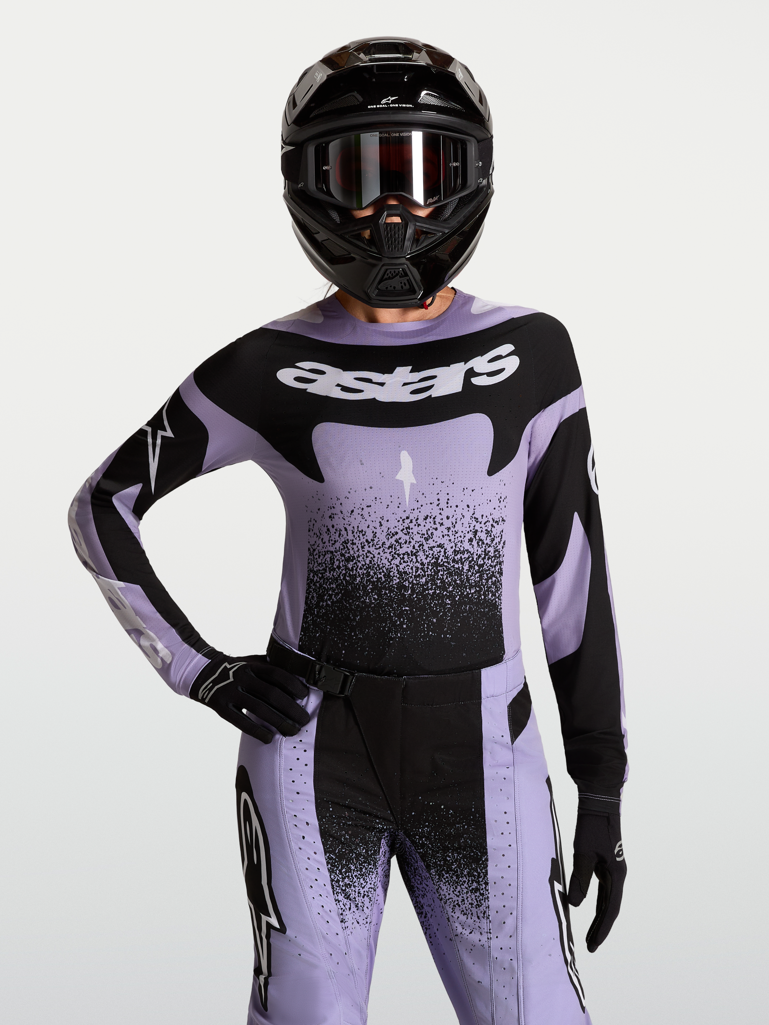 Camisola Alpinestars Stella Techstar Swan, para motocross feminino, lilás e preta, ajuste de corrida.