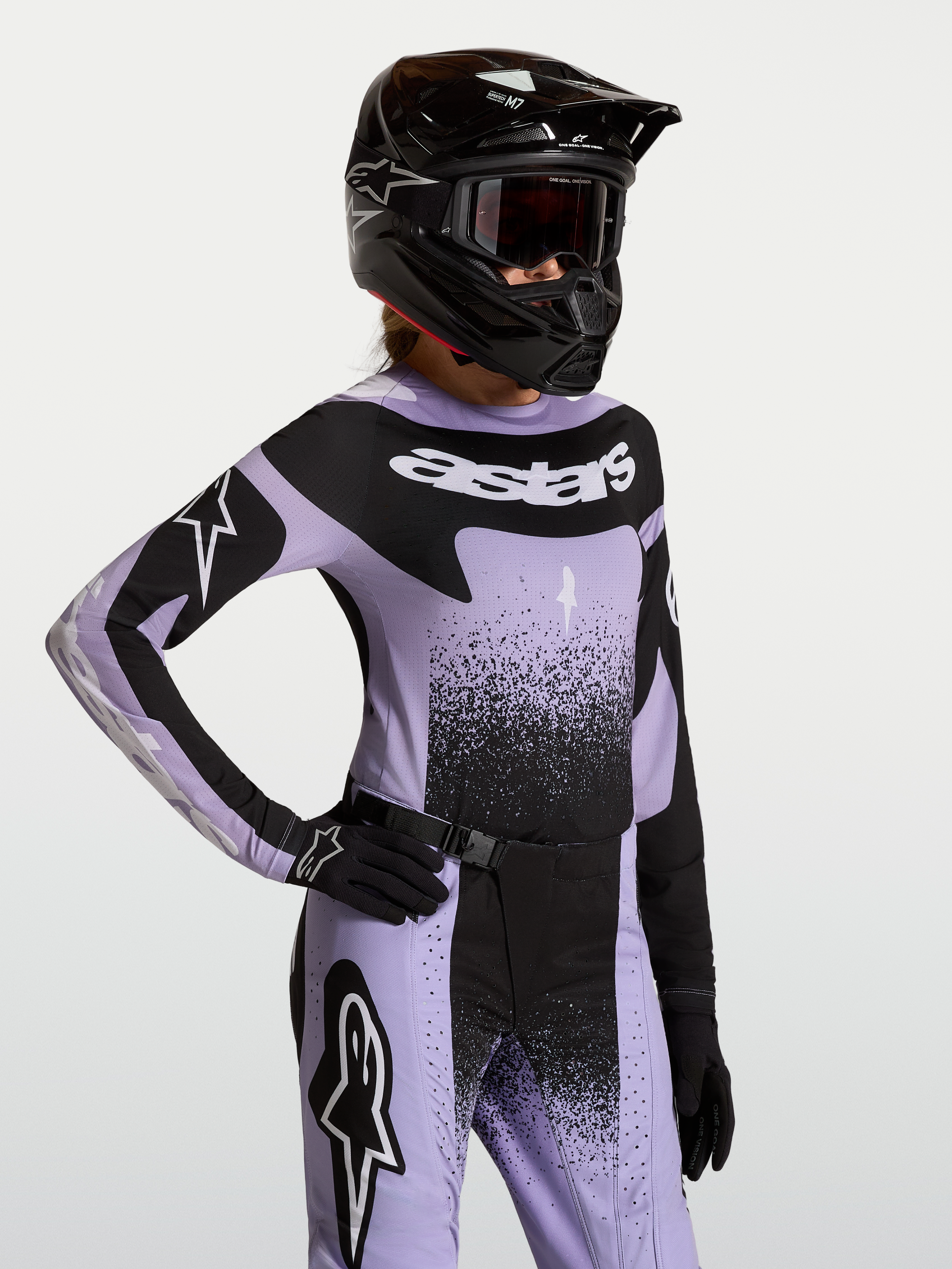 Alpinestars Stella Techstar Swan, camisola de motocross para mulher, violeta clara e preta, com ajuste atlético de corrida