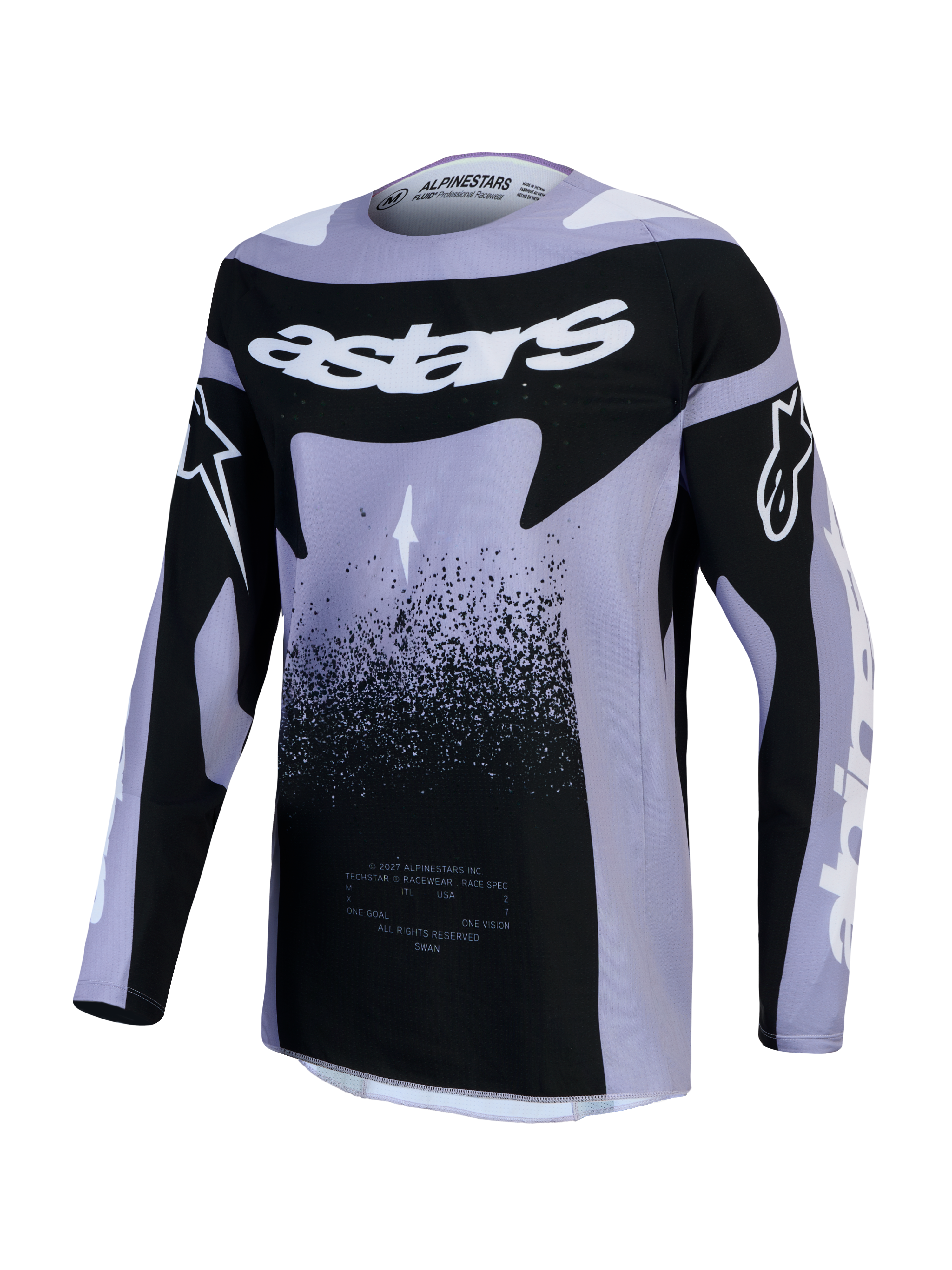 Alpinestars Stella Techstar Swan, camisola de motocross para mulher, violeta claro e preta, gráficos Swan, ajuste ergonómico.