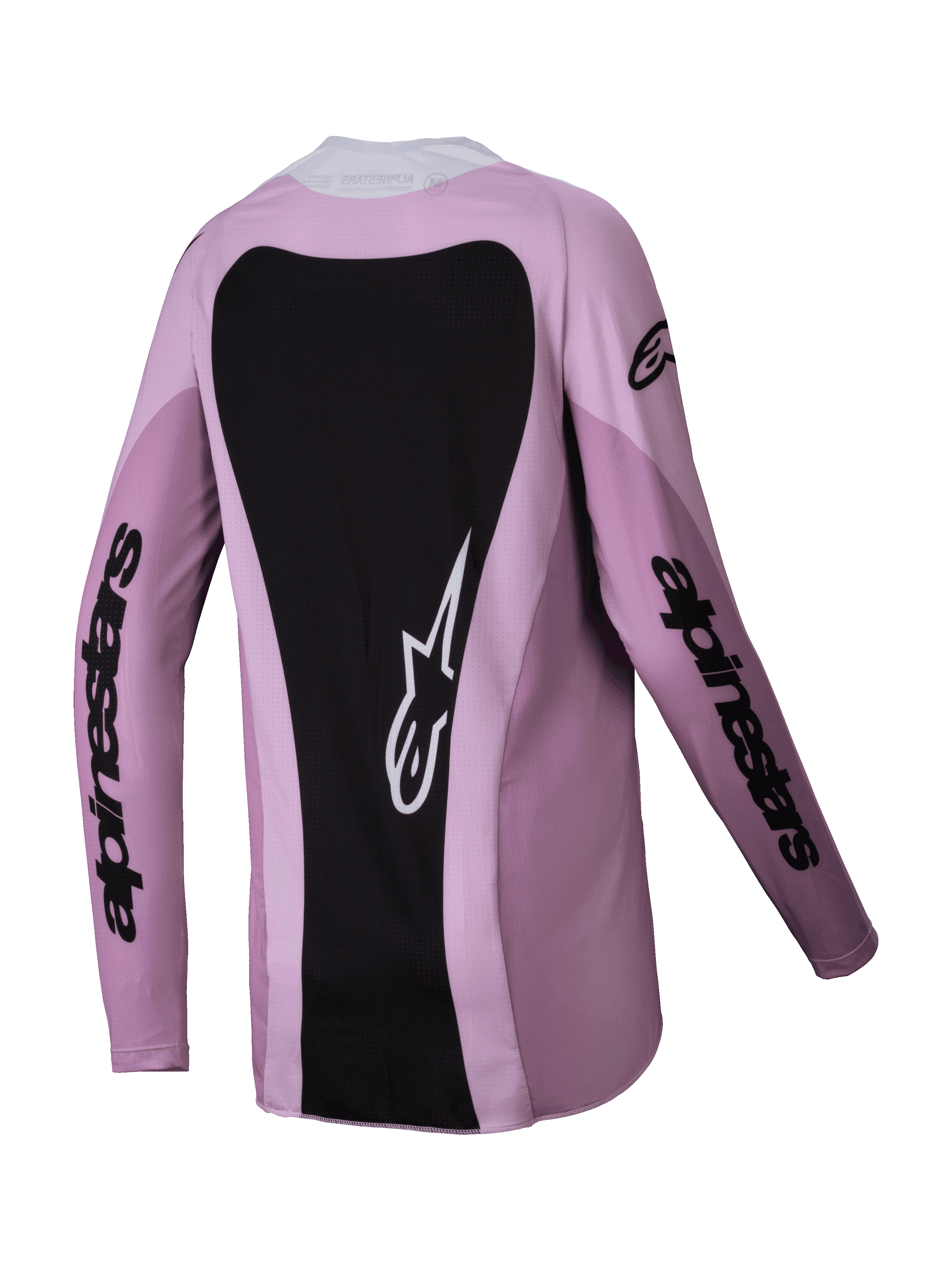 Alpinestars Stella Techstar Melt Jersey Feminina 2025, camisola de motocross, Blush Black, vista traseira apresentando um grande painel preto nas costas com o logótipo Astars branco, marca nas mangas em preto e construção em poli-tecido leve para todo-o-terreno