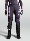 Alpinestars Stella Fluid Apex V2, calças de motocross para mulher, cinzentas e rosa, com perna pré-curvada e fecho de catraca frontal.
