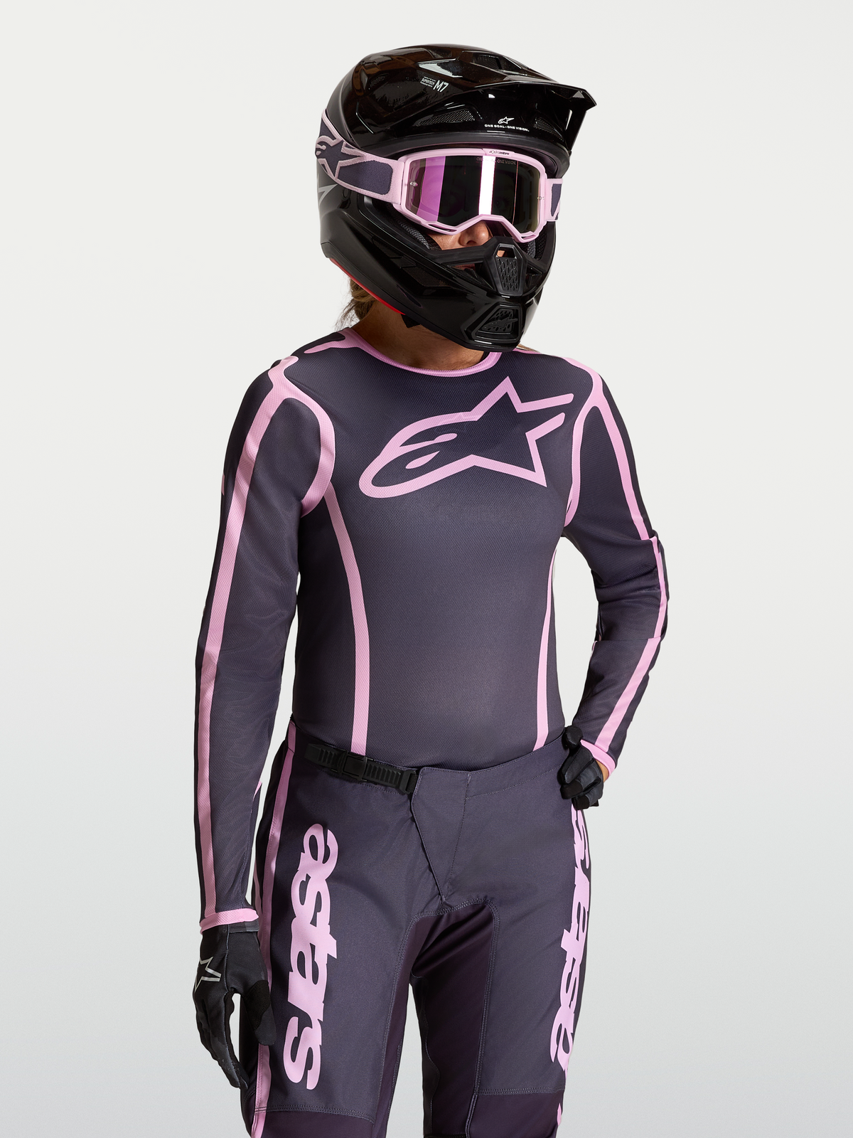 Alpinestars Stella Fluid Apex V2, camisola de motocross para mulher, cinzenta e rosa, logótipo Astars, design ergonómico