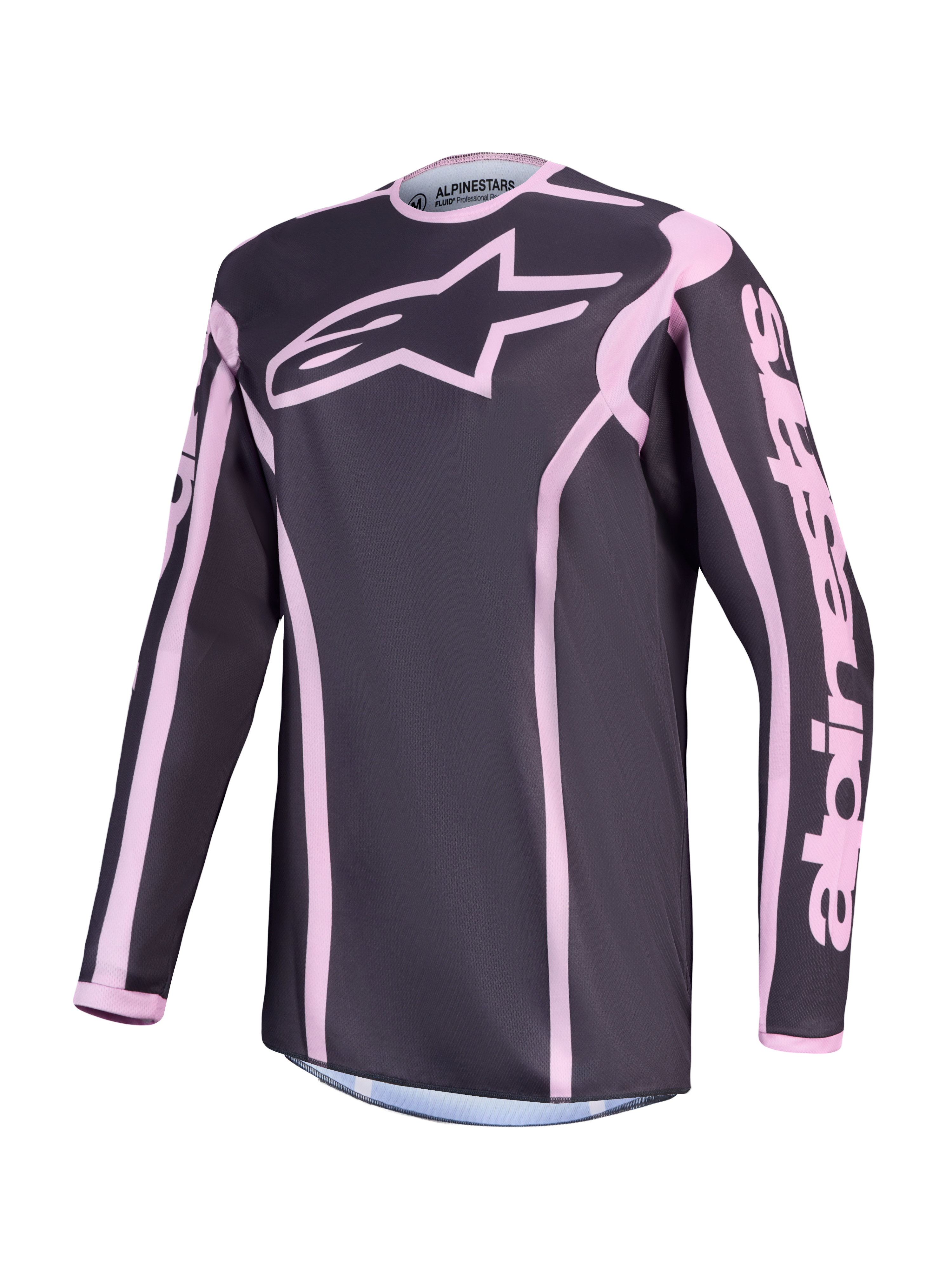 Alpinestars Stella Fluid Apex V2, camisola de motocross para mulher, cinzenta escura e rosa, tecido técnico respirável.