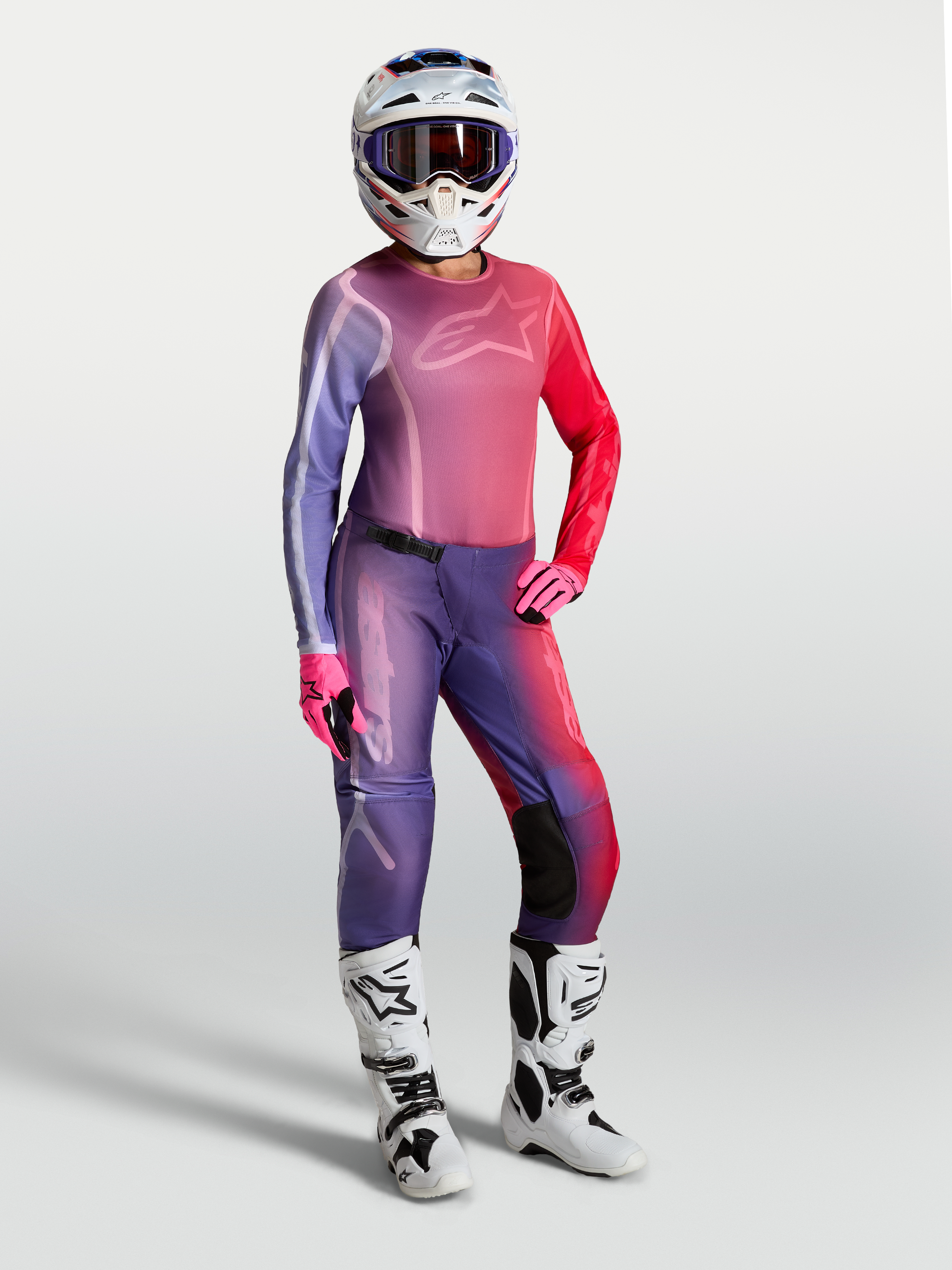Alpinestars Calças Stella Fluid Kepler e Gear Set, fato de motocross para mulher, gradiente roxo e vermelho, ajuste desportivo.