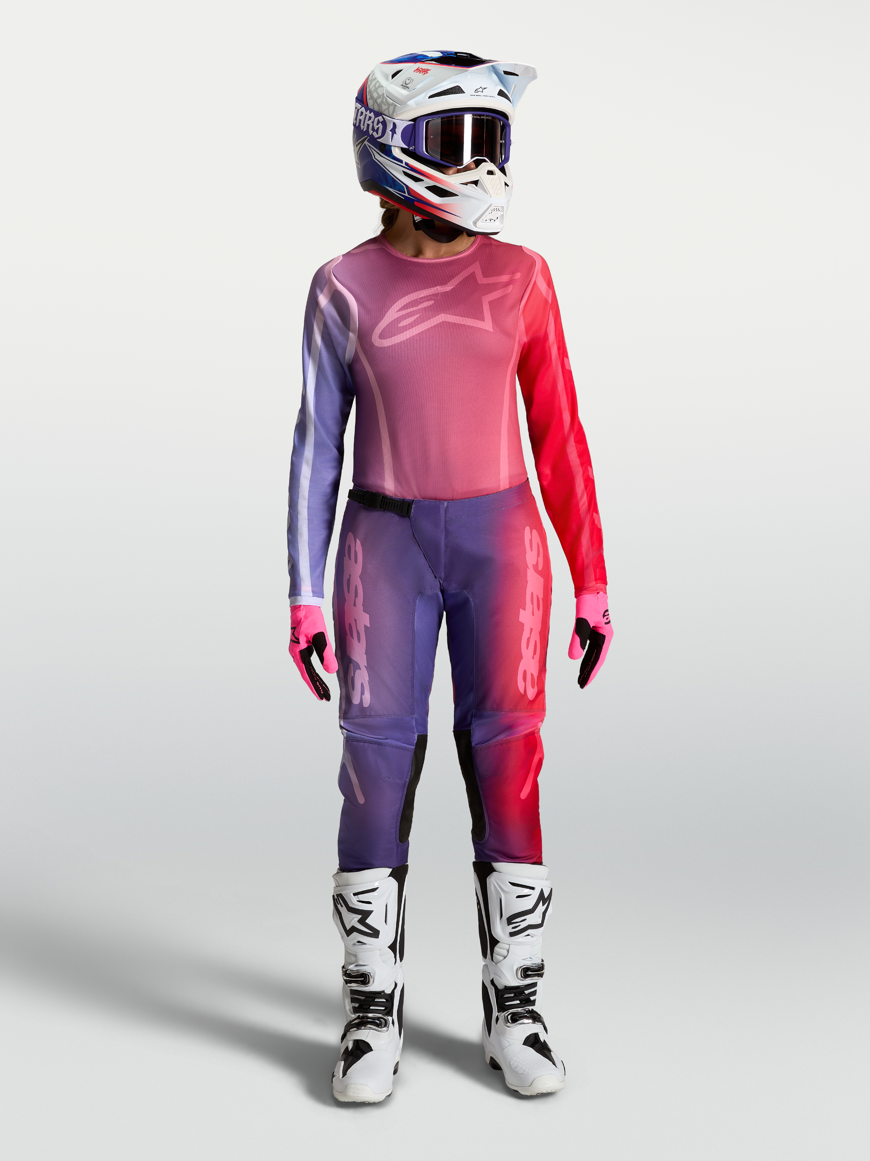 Alpinestars Stella Fluid Kepler Gear Set, conjunto de motocross para mulher, roxo e vermelho, inclui camisola e calças técnicas para off-road
