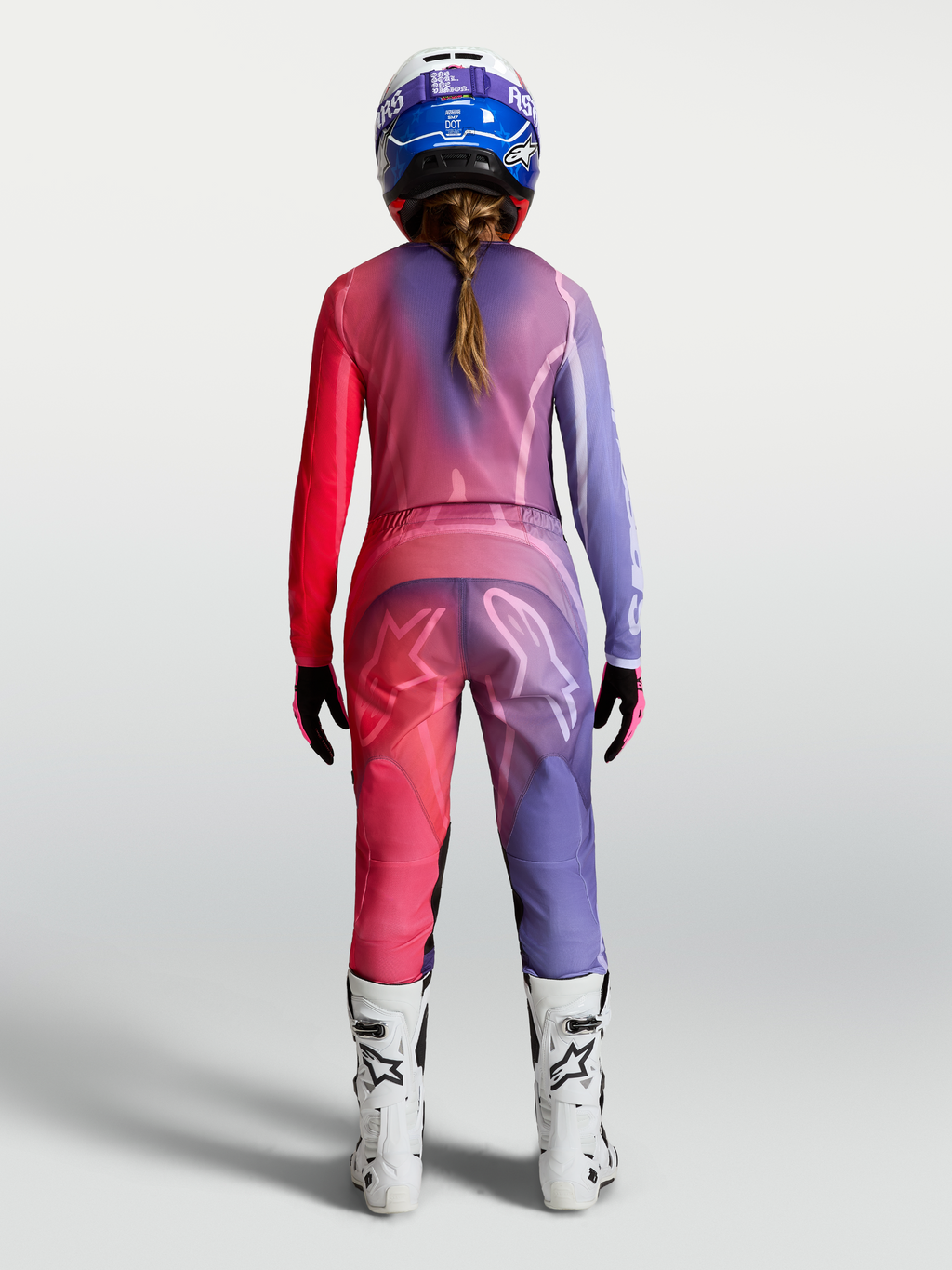 Alpinestars calças Stella Fluid Kepler e Gear Set, conjunto de motocross para mulher, roxo e vermelho, vista traseira.
