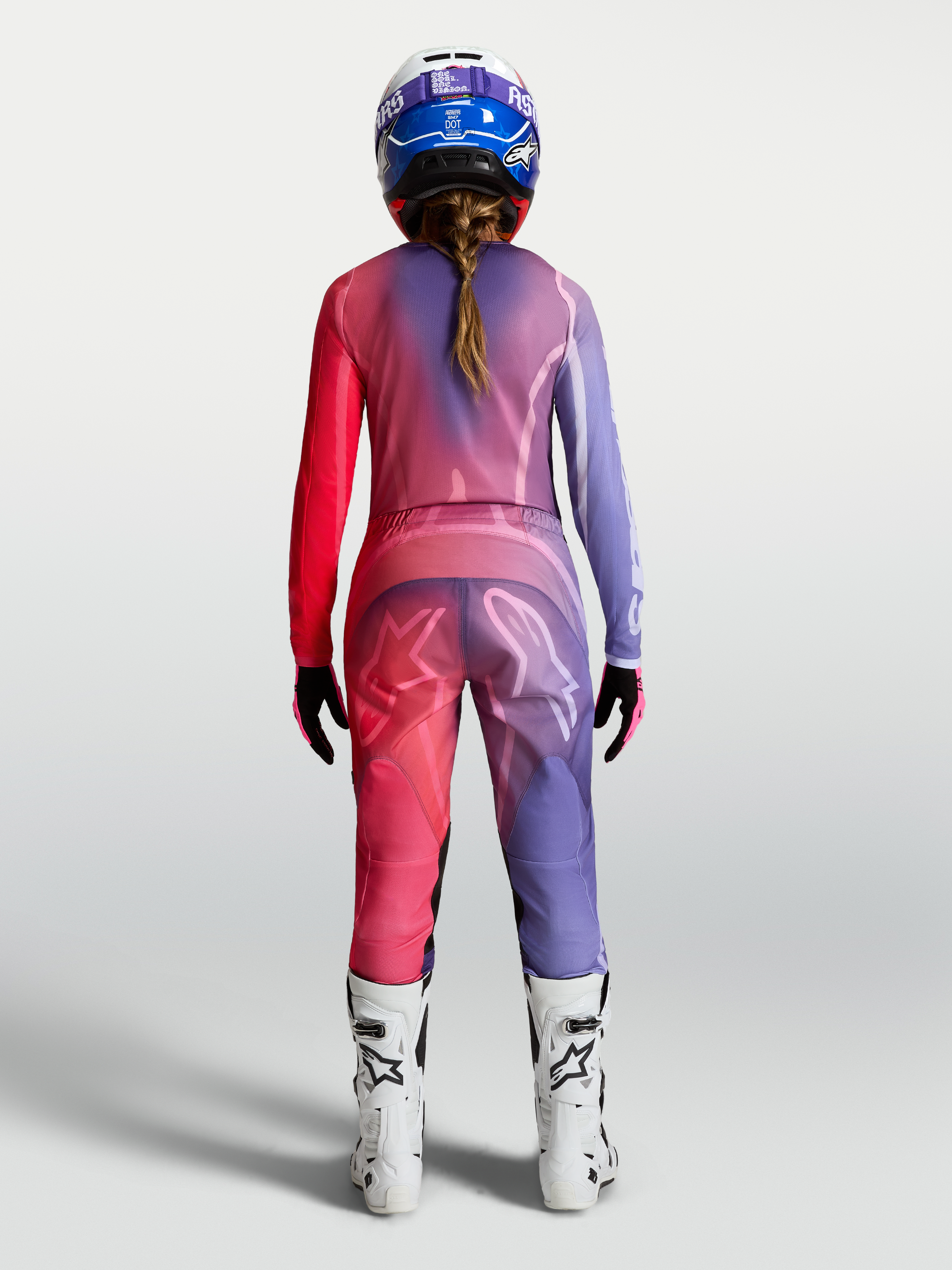 Alpinestars calças Stella Fluid Kepler e Gear Set, conjunto de motocross para mulher, roxo e vermelho, vista traseira.