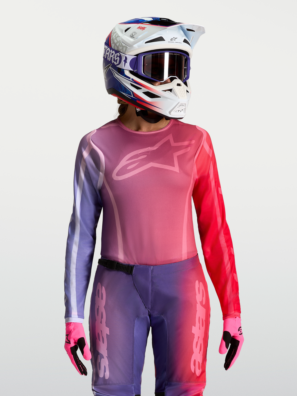 Camisola Stella Fluid Kepler, camisola de motocross para mulher, roxa e vermelha, ajuste atlético em polifabric, com capacete e luvas a condizer, equipamento de todo-o-terreno