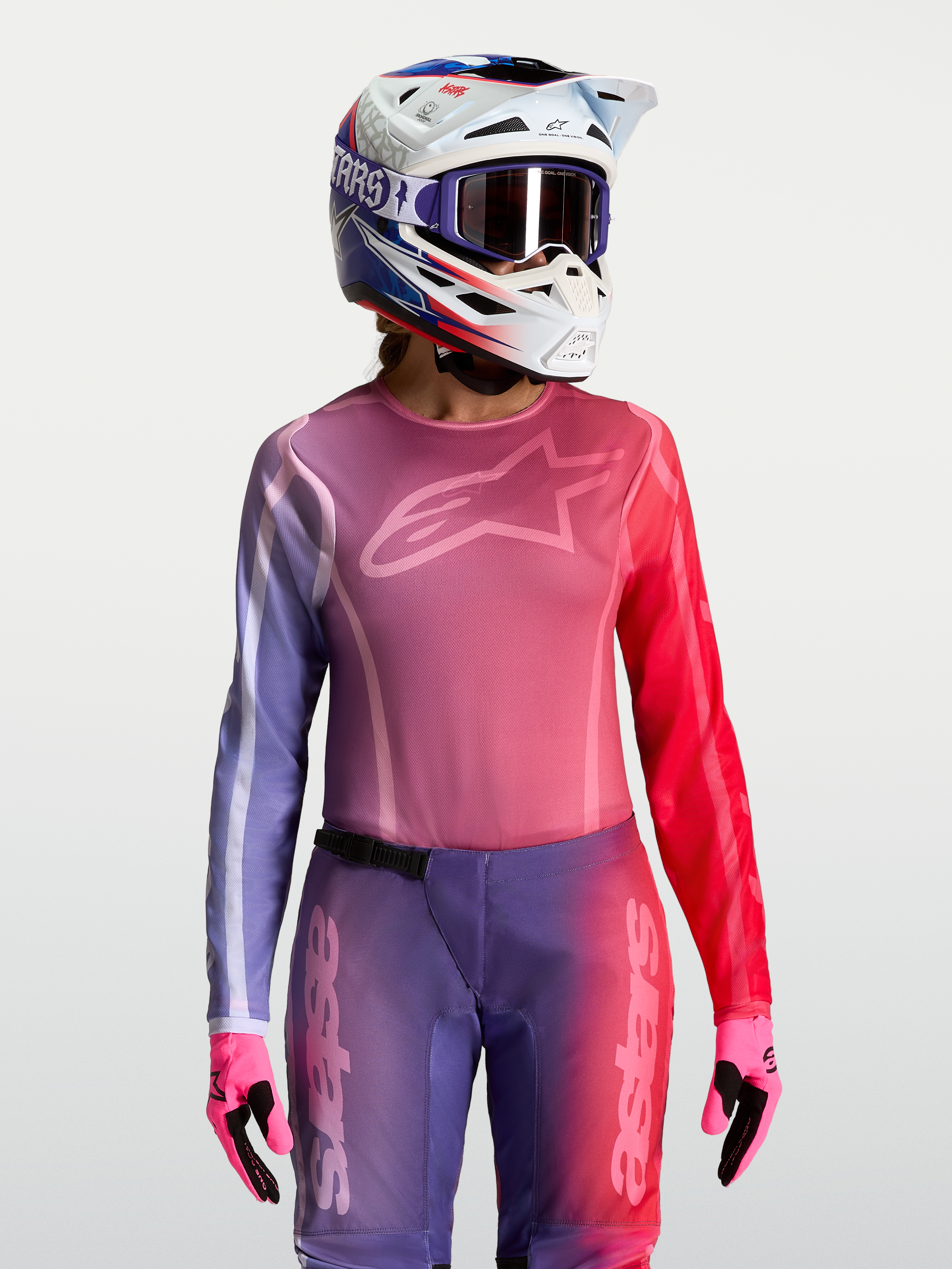 Camisola Stella Fluid Kepler, camisola de motocross para mulher, roxa e vermelha, ajuste atlético em polifabric, com capacete e luvas a condizer, equipamento de todo-o-terreno