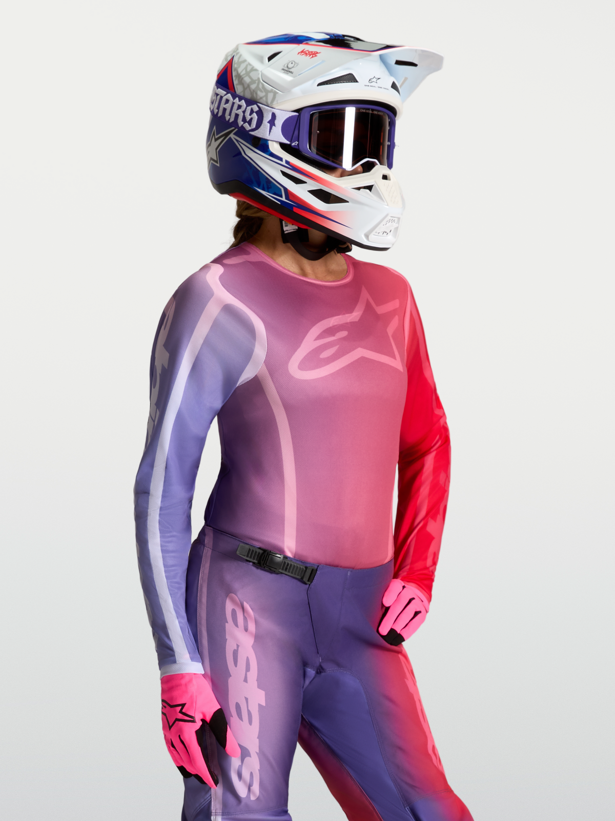 Camisola Alpinestars Stella Fluid Kepler de motocross para mulher, roxo e vermelho, tecido técnico e respirável.