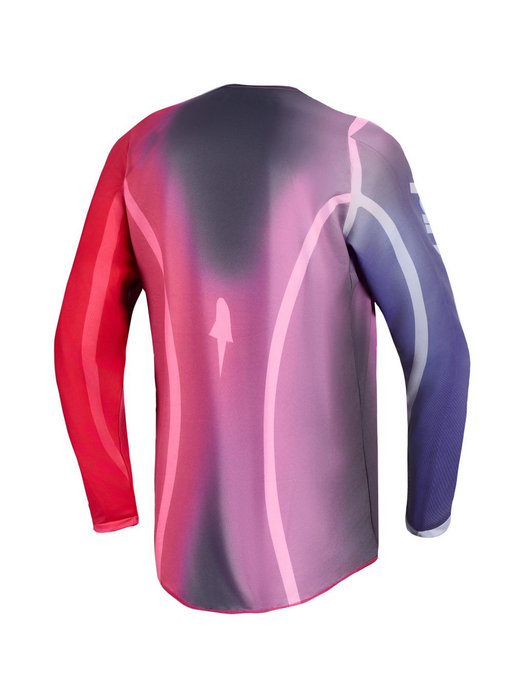 Alpinestars Stella Fluid Kepler, camisola de motocross para mulher, roxa e vermelha, com corte traseiro longo.