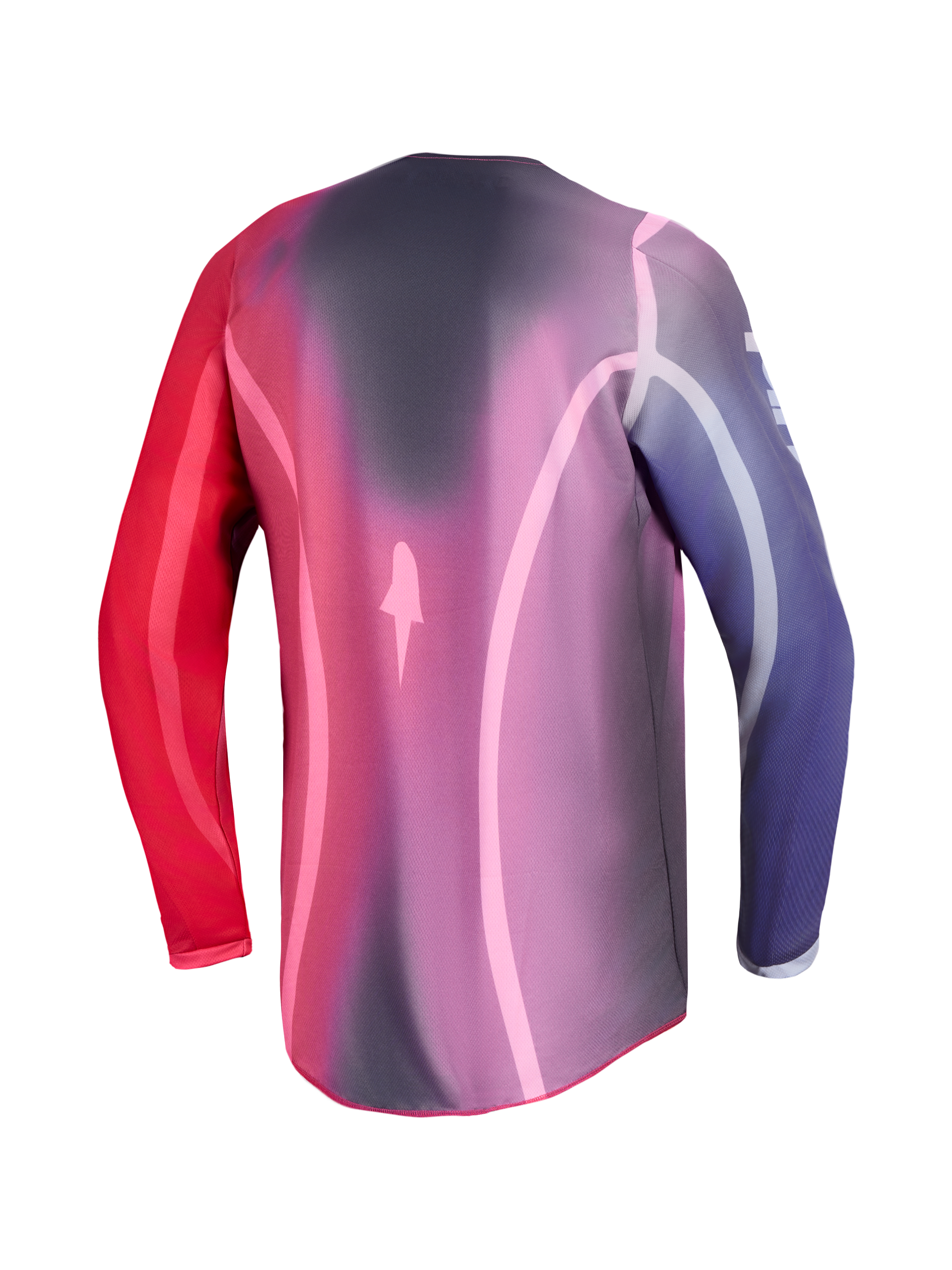 Alpinestars Stella Fluid Kepler, camisola de motocross para mulher, roxa e vermelha, com corte traseiro longo.