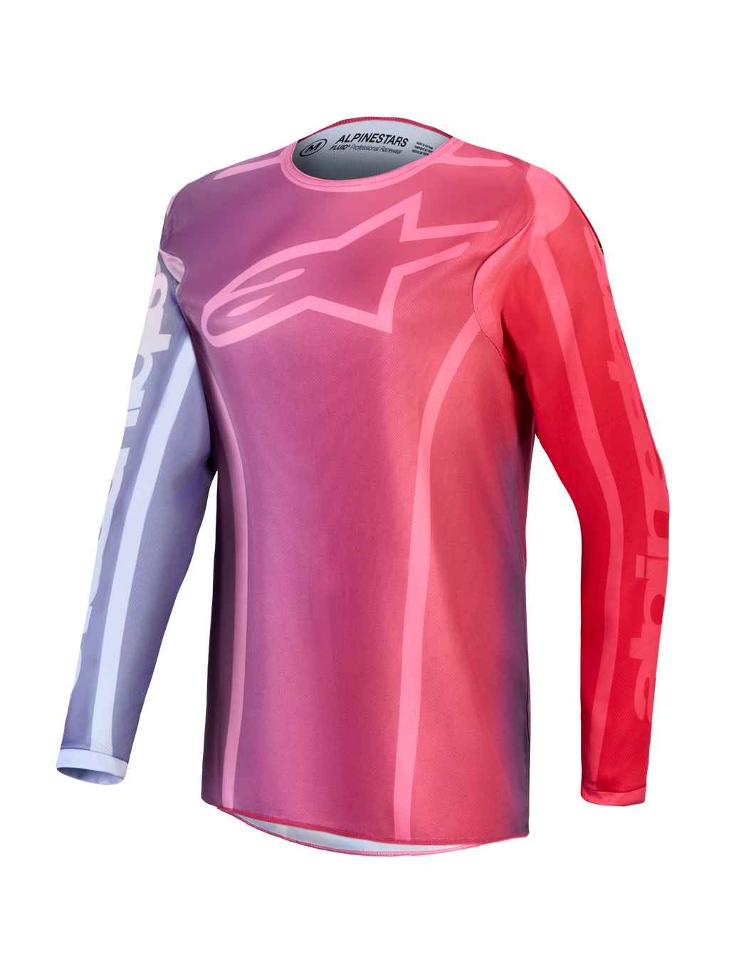 Alpinestars Stella Fluid Kepler, camisola de motocross para mulher, roxa e vermelha, com logótipo de estrela no peito, construção em polifabric respirável para todo-o-terreno.
