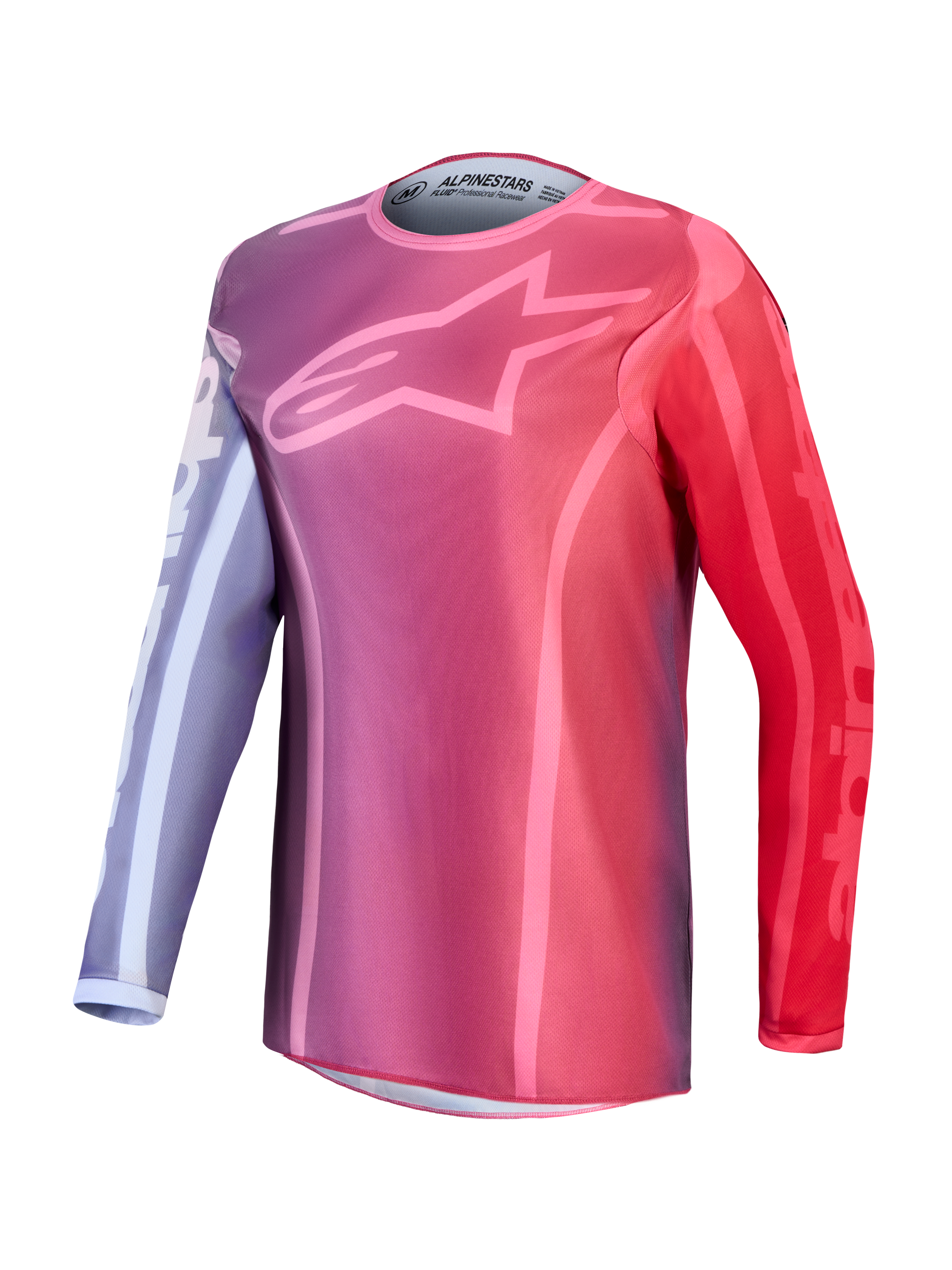Alpinestars Stella Fluid Kepler, camisola de motocross para mulher, roxa e vermelha, com logótipo de estrela no peito, construção em polifabric respirável para todo-o-terreno.