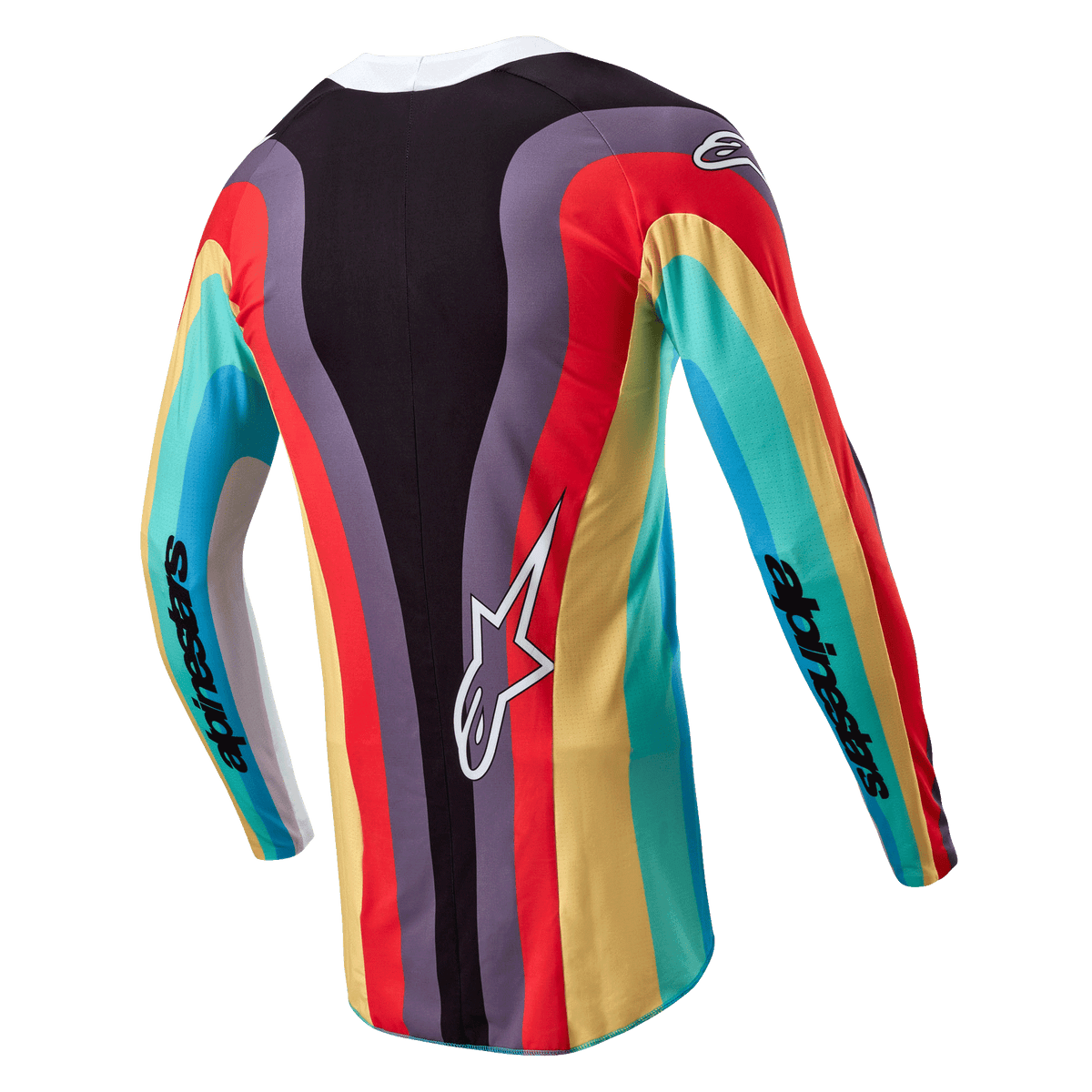 Alpinestars Stella Techstar Jersey 2024 para Mulher, camisola de motocross, preto multicor, vista traseira com um padrão ondulado vibrante e multicolorido em vermelho, amarelo e turquesa, logótipo Astar branco na parte inferior das costas e marca Alpinestars nas mangas.