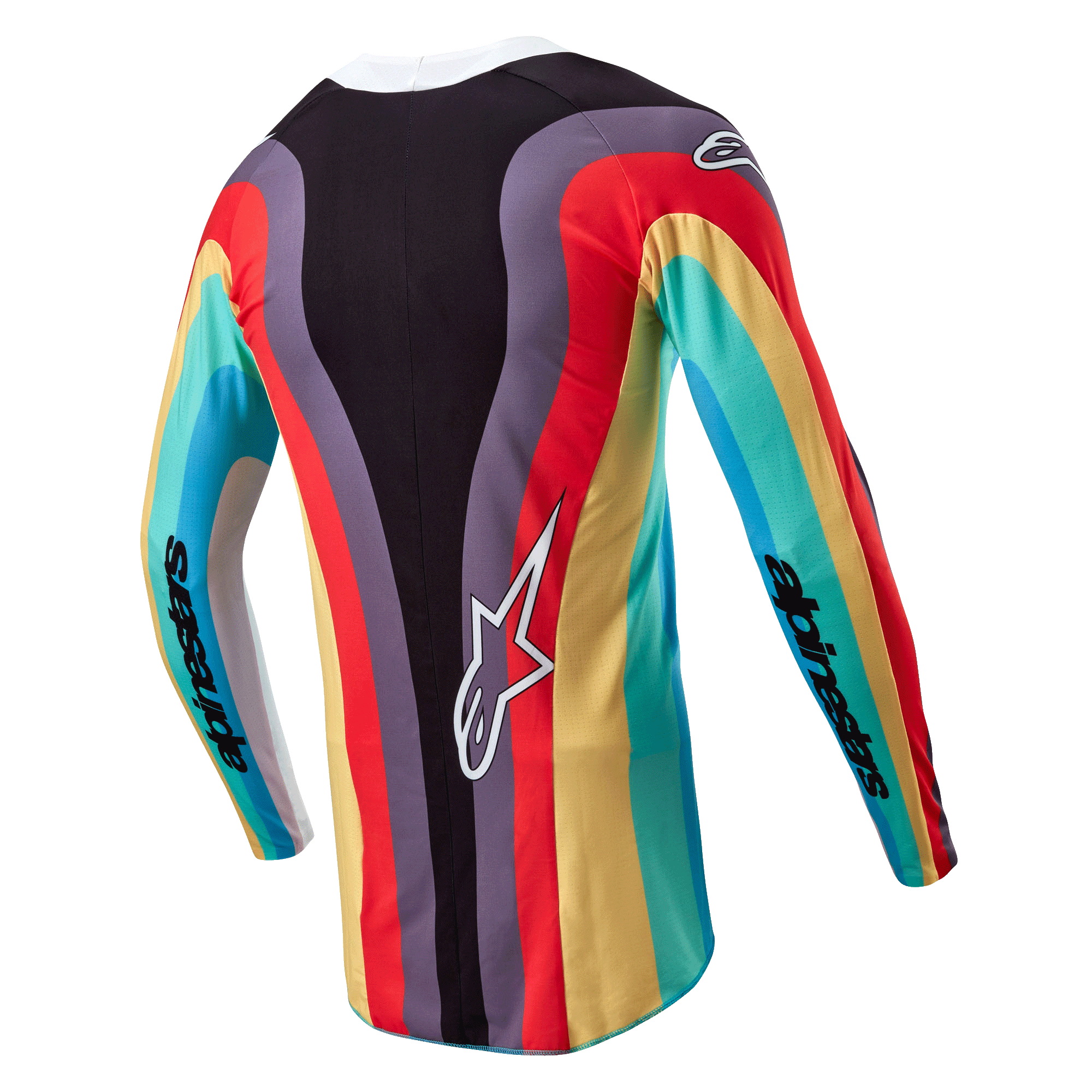 Alpinestars Stella Techstar Jersey 2024 para Mulher, camisola de motocross, preto multicor, vista traseira com um padrão ondulado vibrante e multicolorido em vermelho, amarelo e turquesa, logótipo Astar branco na parte inferior das costas e marca Alpinestars nas mangas.