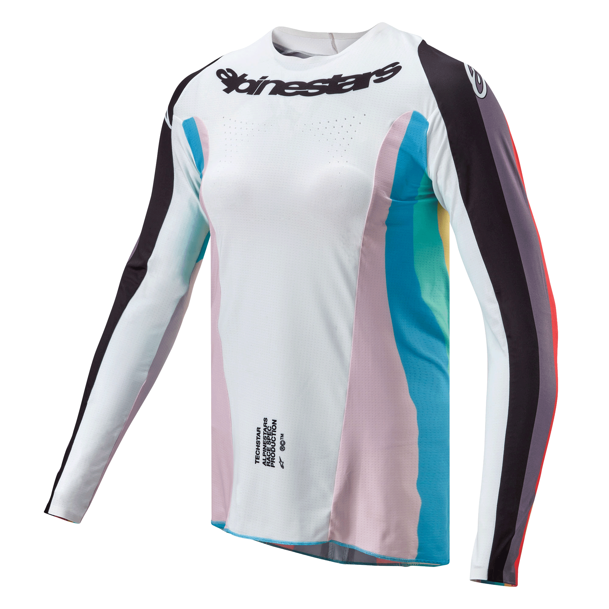 Camisola Alpinestars Stella Techstar 2024 para Mulher, camisola de motocross, preto multicor, corpo branco com painéis laterais cor-de-rosa e azul-turquesa, mangas com riscas pretas, logótipo Alpinestars no peito, corte atlético feminino com perfurações de ventilação