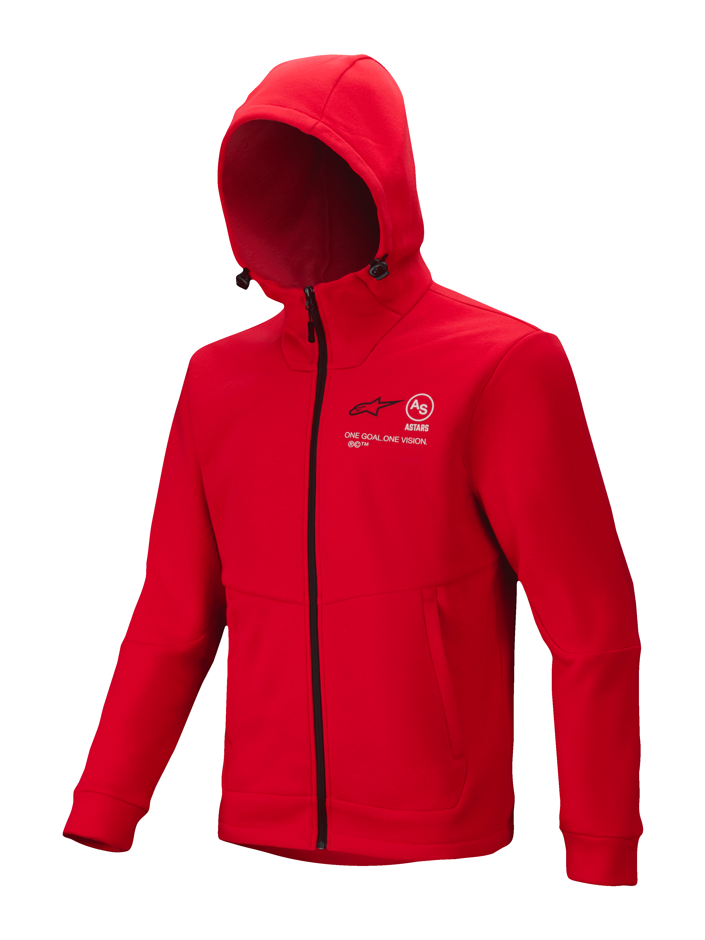 Alpinestars Racer MX Fleece, casaco com capuz de motocross vermelho brilhante, fecho integral preto, capuz ajustável, logótipos brancos Astars e "One Goal One Vision" no peito, bolsos com fecho, vestuário casual de desporto motorizado