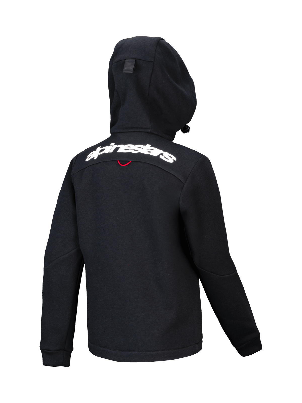 Alpinestars Youth Racer MX Fleece, hoodie de motocross preto, vista traseira com logótipo Alpinestars branco nos ombros, fleece estruturado com capuz compacto, design ergonómico para condução off-road