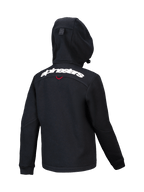 Alpinestars Youth Racer MX Fleece, hoodie de motocross preto, vista traseira com logótipo Alpinestars branco nos ombros, fleece estruturado com capuz compacto, design ergonómico para condução off-road