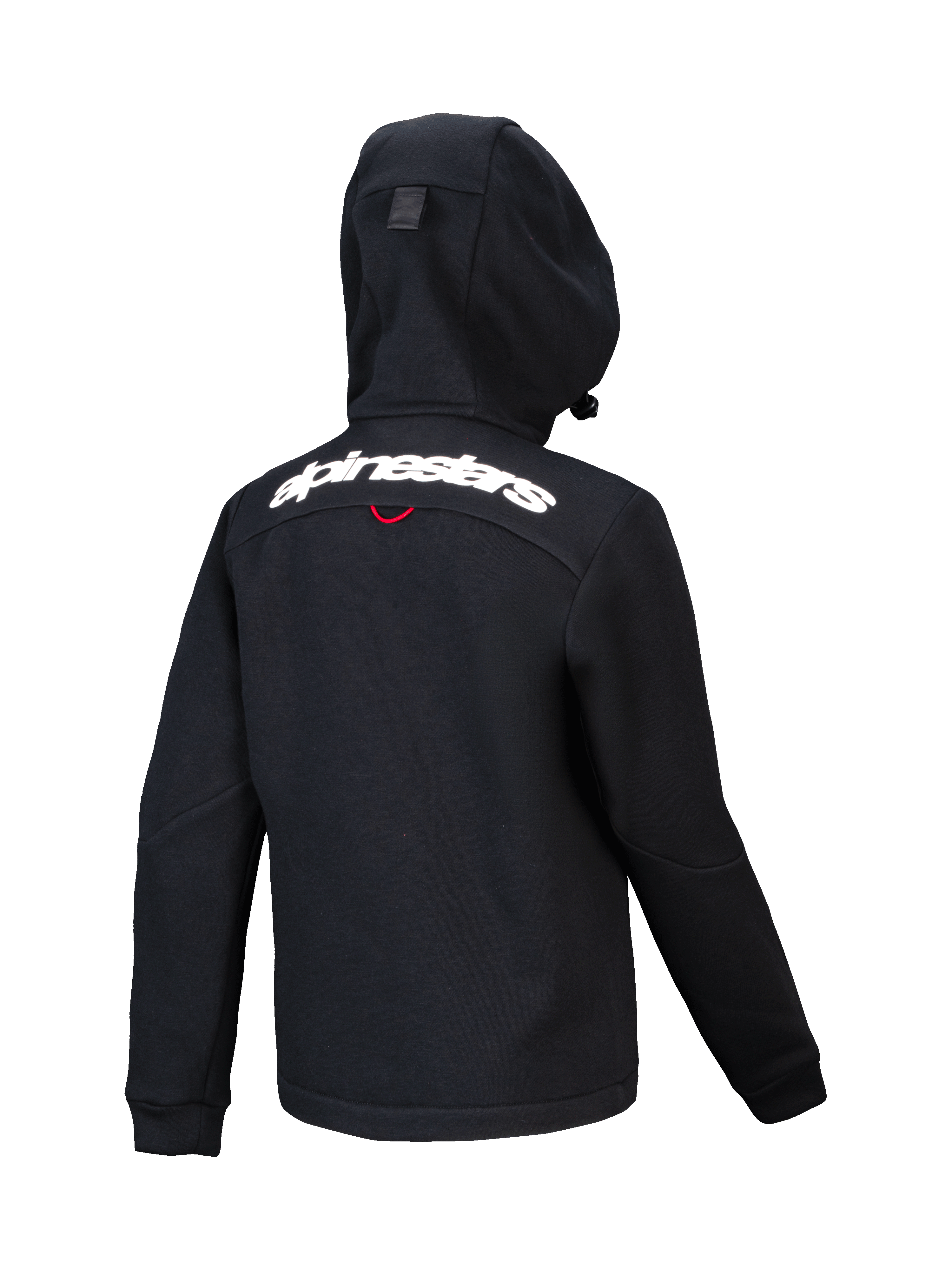 Alpinestars Youth Racer MX Fleece, hoodie de motocross preto, vista traseira com logótipo Alpinestars branco nos ombros, fleece estruturado com capuz compacto, design ergonómico para condução off-road