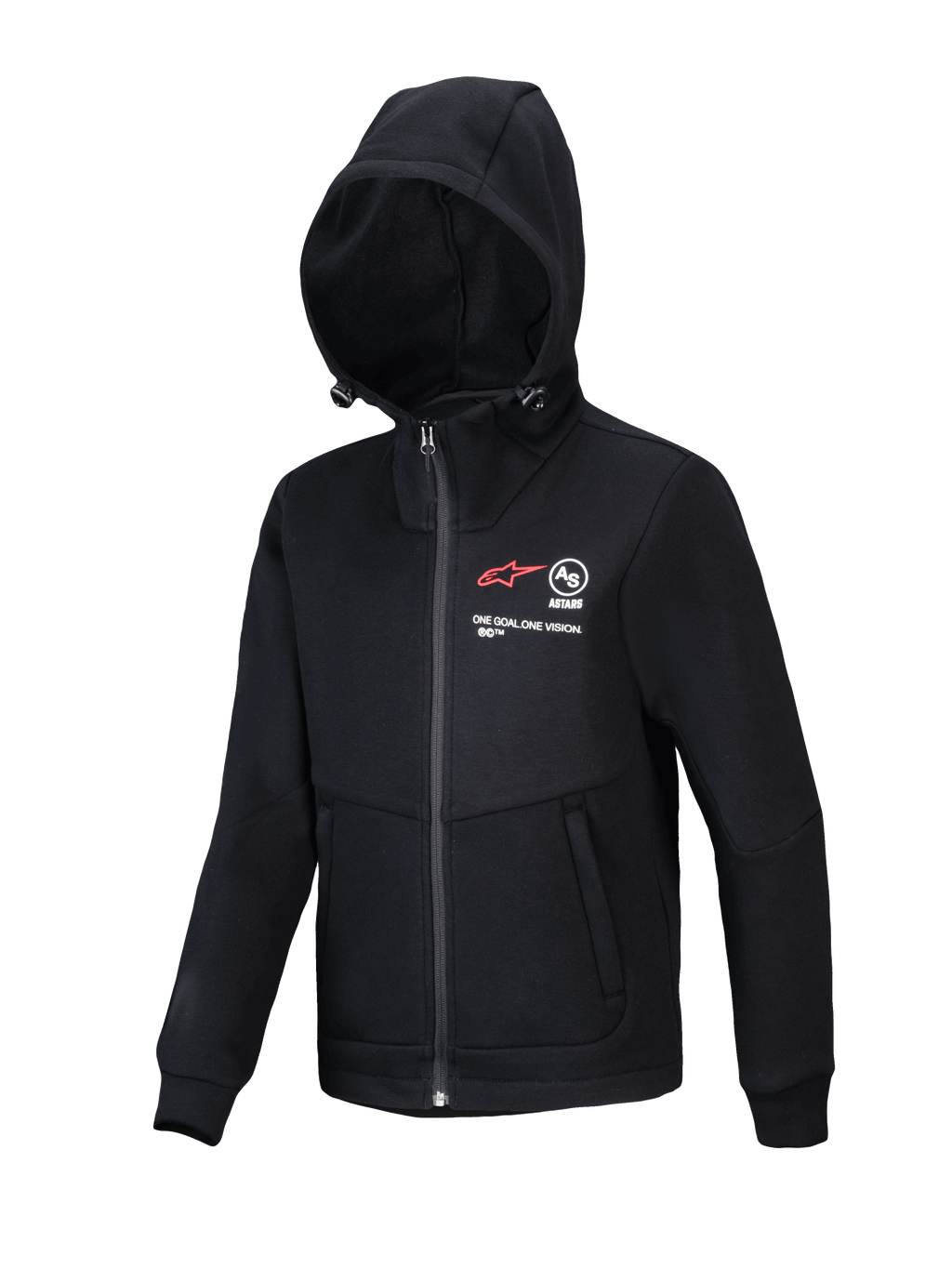 Alpinestars Youth Racer MX Fleece, casaco de motocross preto com capuz, casaco de fecho integral com capuz ajustável, incluindo logótipo A-star vermelho e marca "ONE GOAL. ONE VISION.", bolsos com fecho, vestuário casual de performance para jovens pilotos