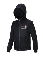 Alpinestars Youth Racer MX Fleece, casaco de motocross preto com capuz, casaco de fecho integral com capuz ajustável, incluindo logótipo A-star vermelho e marca "ONE GOAL. ONE VISION.", bolsos com fecho, vestuário casual de performance para jovens pilotos