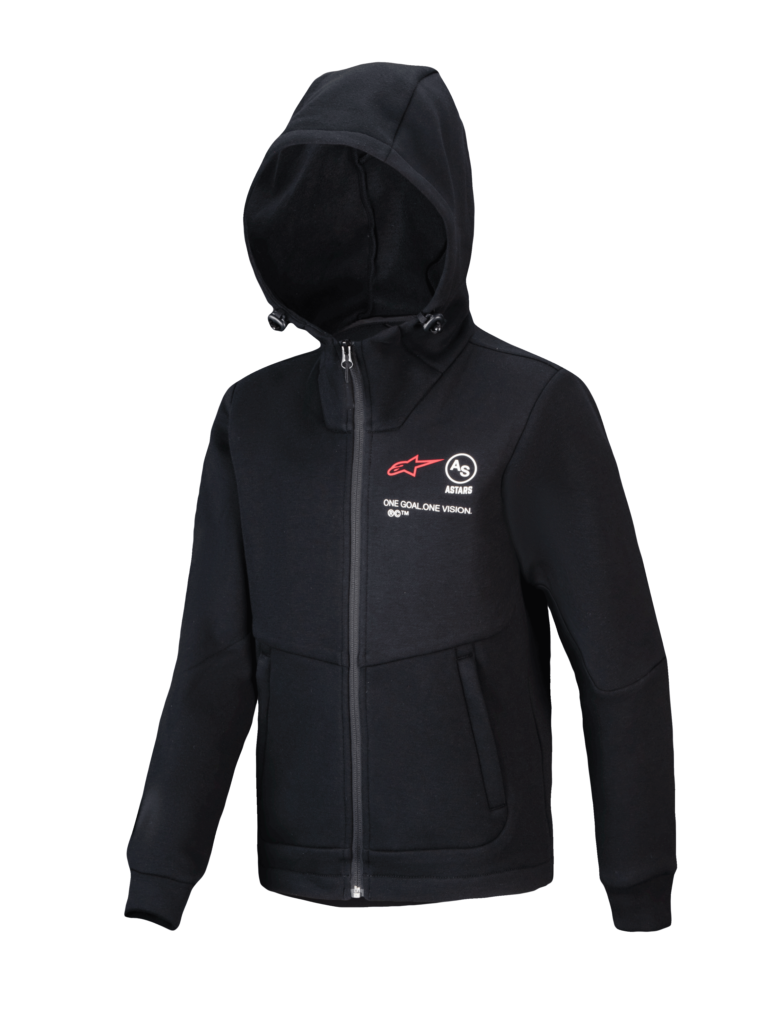 Alpinestars Youth Racer MX Fleece, casaco de motocross preto com capuz, casaco de fecho integral com capuz ajustável, incluindo logótipo A-star vermelho e marca "ONE GOAL. ONE VISION.", bolsos com fecho, vestuário casual de performance para jovens pilotos