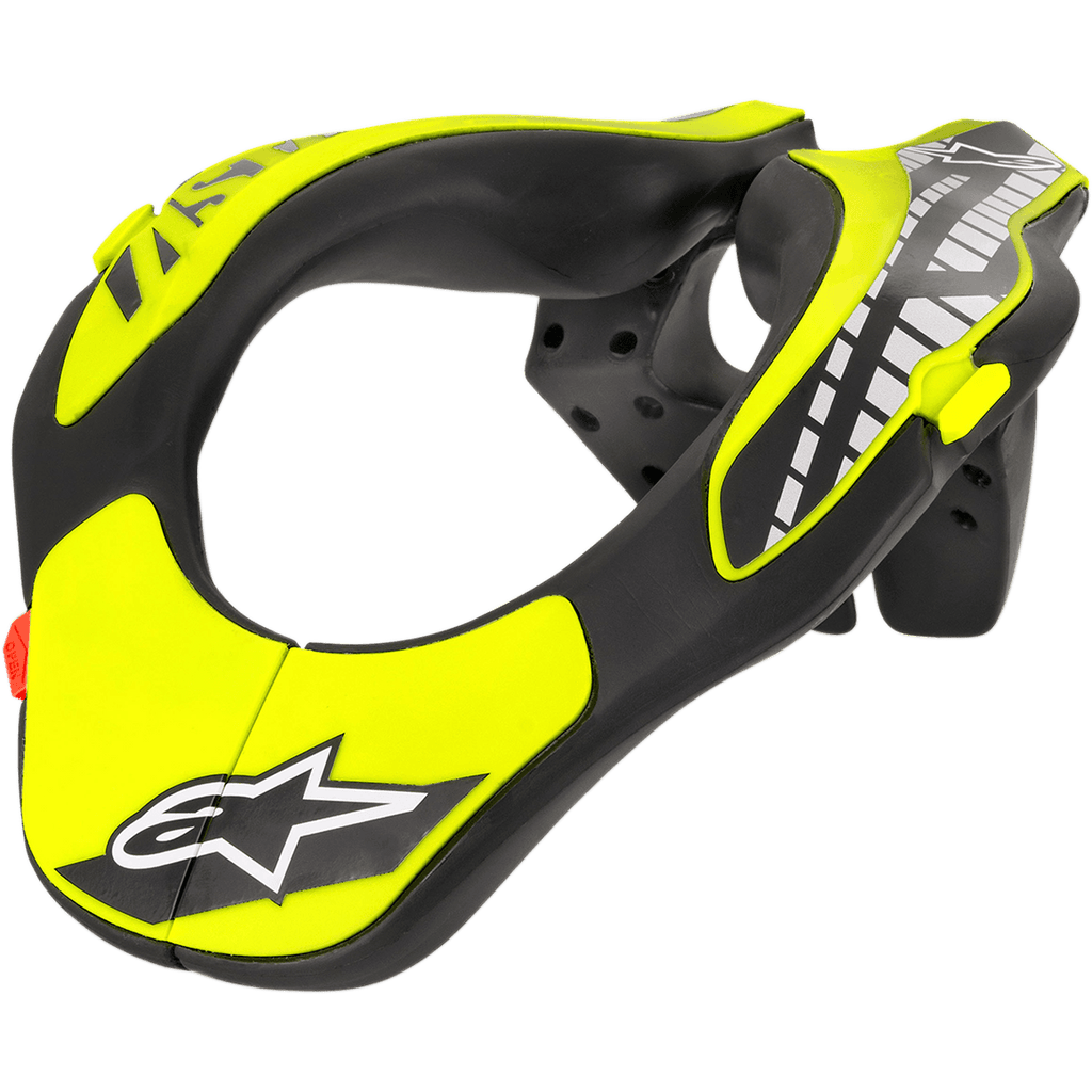 Alpinestars Youth Neck Support, proteção cervical para motocross, preto e amarelo fluo, com estrutura de perfil ergonómico e logótipo de estrela Alpinestars, construção leve para proteção de jovens em motocross e todo-o-terreno