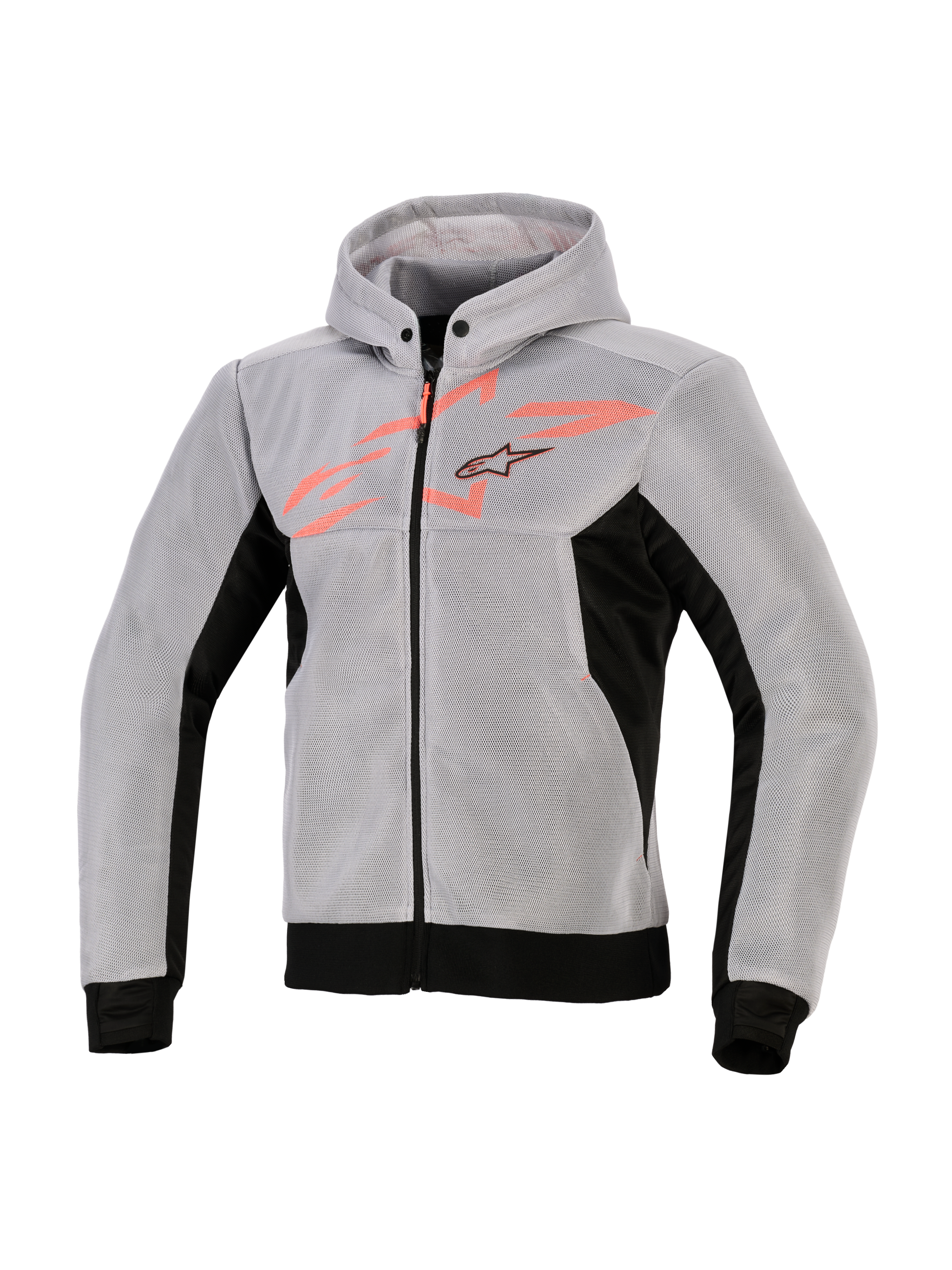 Alpinestars Chrome Superairflow Hoodie, Technical Riding Hoodie, Black Mid Gray and Red Fluo, 3D technical mesh construction, light gray with black side panels and hem, fluo red chest graphic with Alpinestars star logo, sporty motorcycle gear