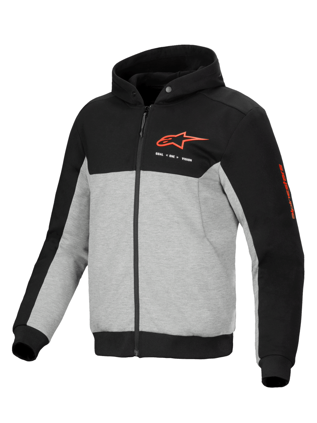 Alpinestars Chrome V2 Sport Hoodie, casaco de moto urbano para homem, preto e cinzento, proteção certificada CE, estilo casual com logótipo vermelho.