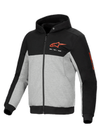 Alpinestars Chrome V2 Sport Hoodie, casaco de moto urbano para homem, preto e cinzento, proteção certificada CE, estilo casual com logótipo vermelho.