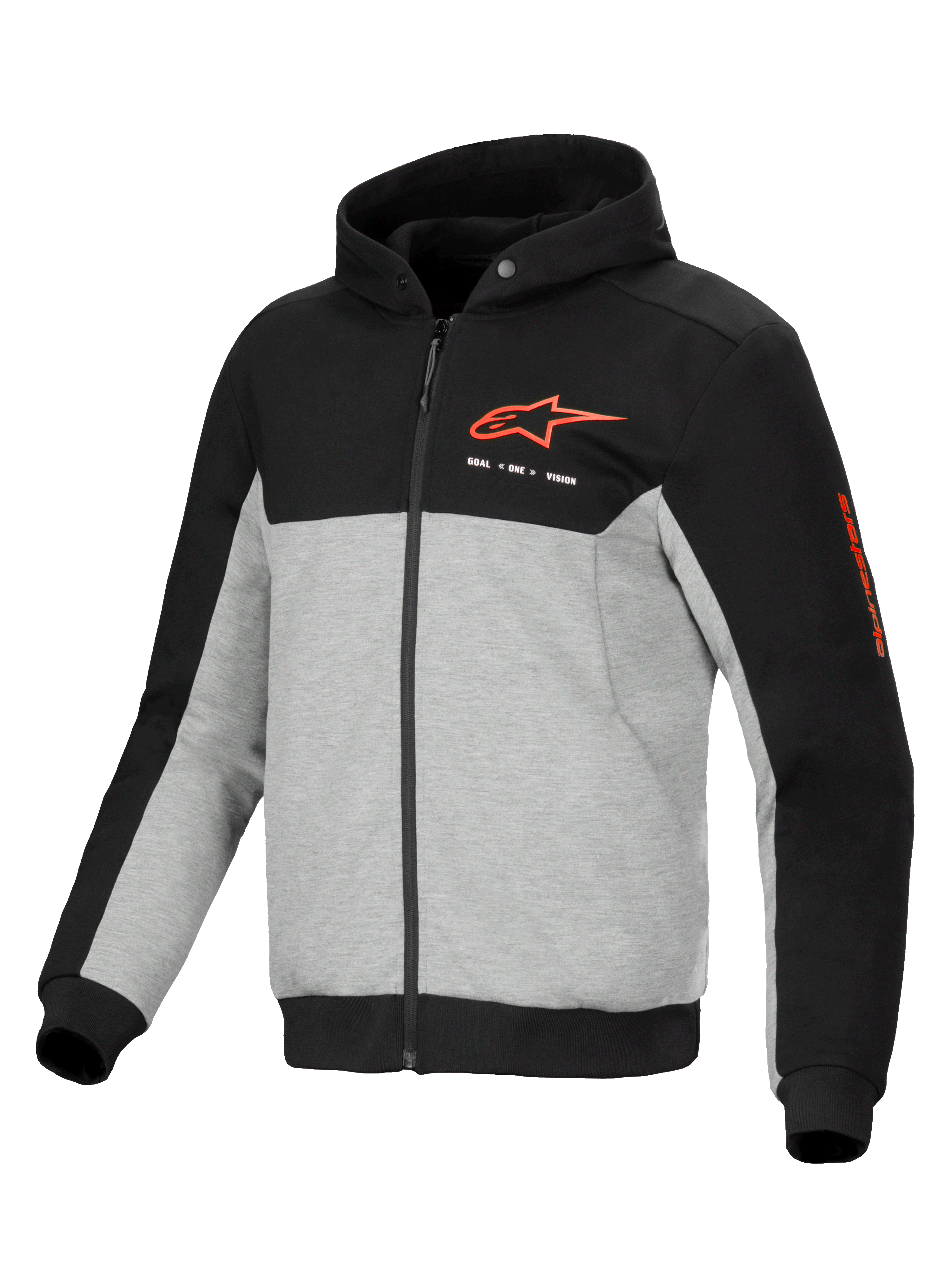 Alpinestars Chrome V2 Sport Hoodie, casaco de moto urbano para homem, preto e cinzento, proteção certificada CE, estilo casual com logótipo vermelho.