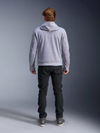 Alpinestars Chrome V2 Sport Hoodie, Gray Heather Fluo Yellow, back view of urban motorcycle riding gear, tech fleece hooded sweatshirt worn with black pants, featuring fluo yellow accents on the sleeves.
