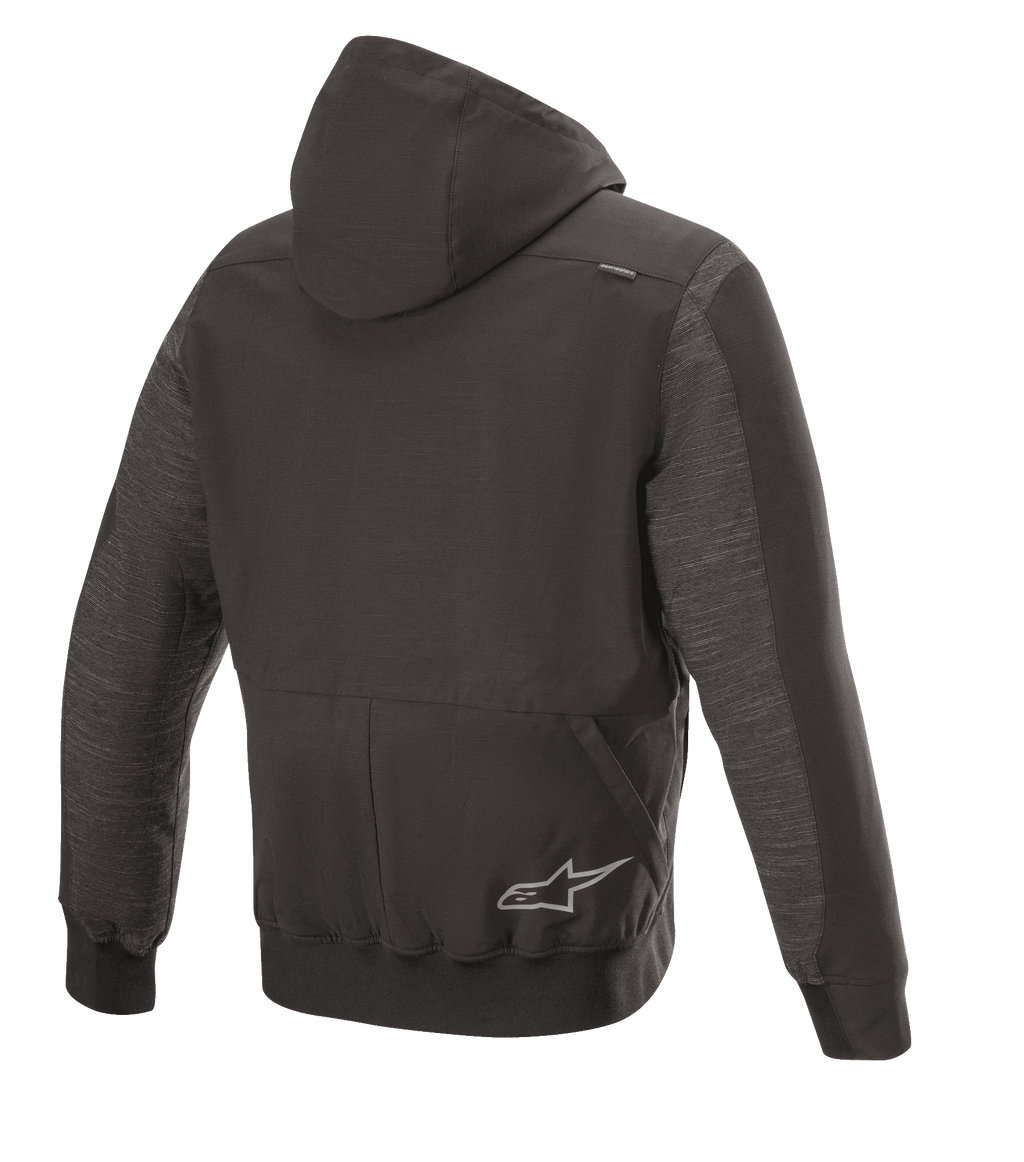 Alpinestars Rhod Windstopper Hoodie, casaco de motociclismo urbano, preto melange, vista traseira com capuz destacável, punhos e bainha canelados e logótipo de estrela discreto nas costas